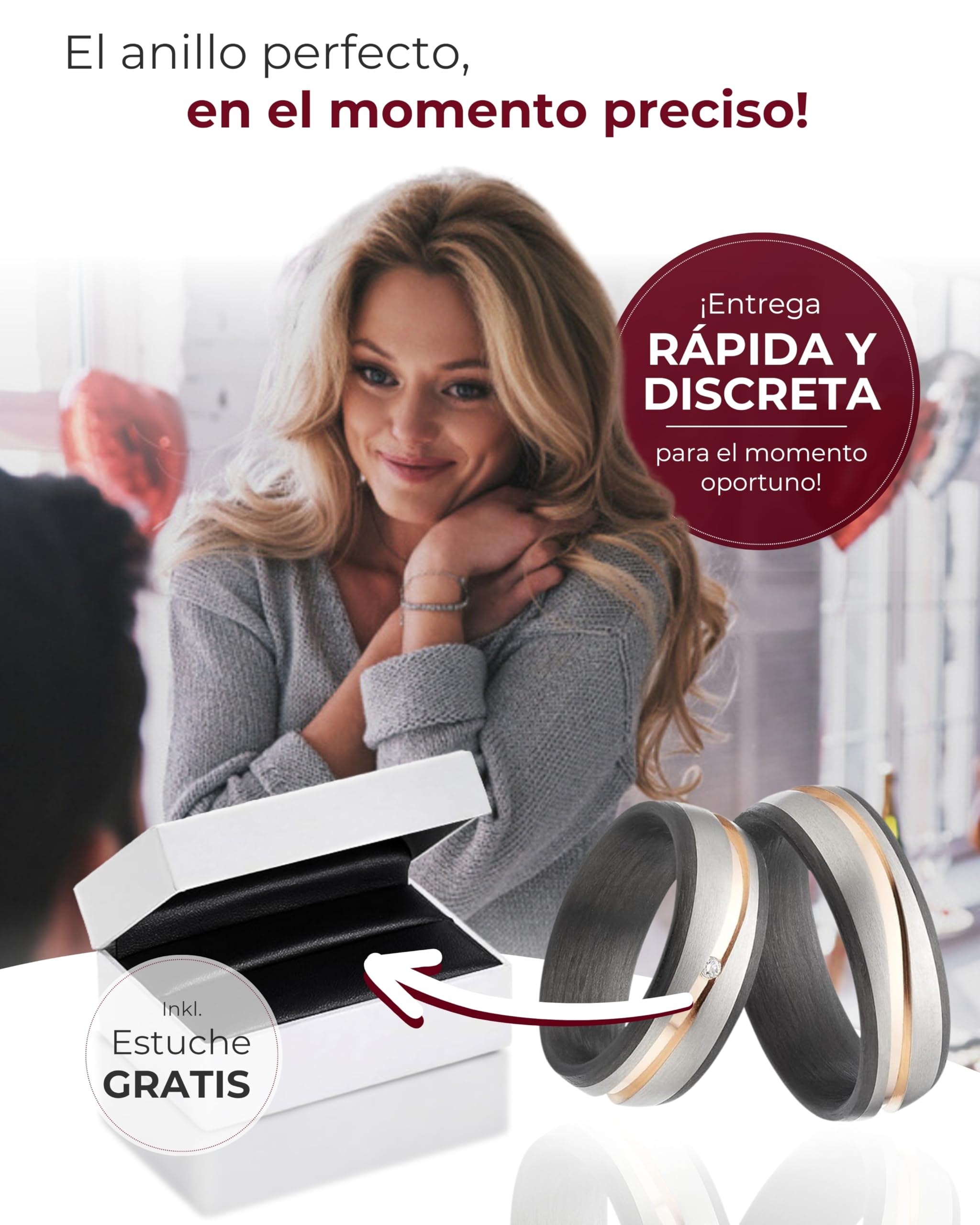 123traumringe Anillos de Boda en Carbono y Titanio con Baño de Oro Rosado, Brillante y Estuche - Grabables 7mm de Ancho, Tamaño 50-74mm S84