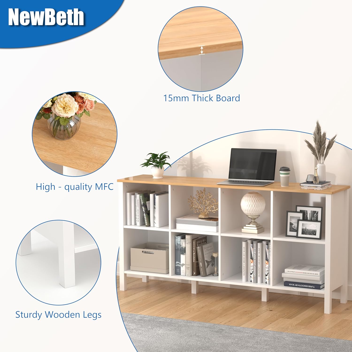 8-Cube Bookcase, Farmhouse Wooden Bookshelf Low Storage Organizer, 59" Horizontal White Console with Legs, Hallway Book Case for Entryway, Display Cabinet for Living Room (White, 8-Cube)