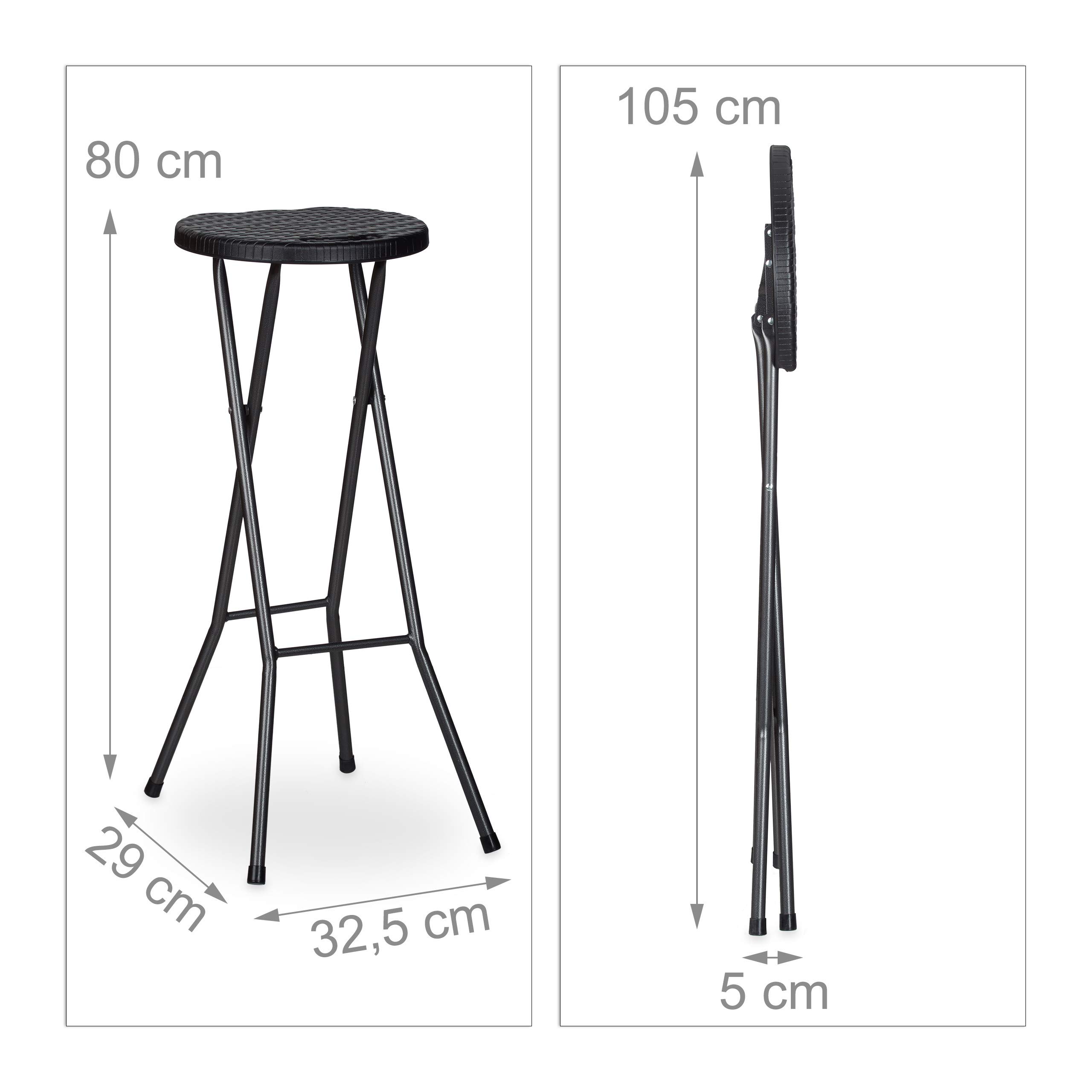 Relaxdays Sgabello Pieghevole, 80 cm, Sedia Alta senza Schienale da Bistrò, Plastica Resistente alle Intemperie, Nero