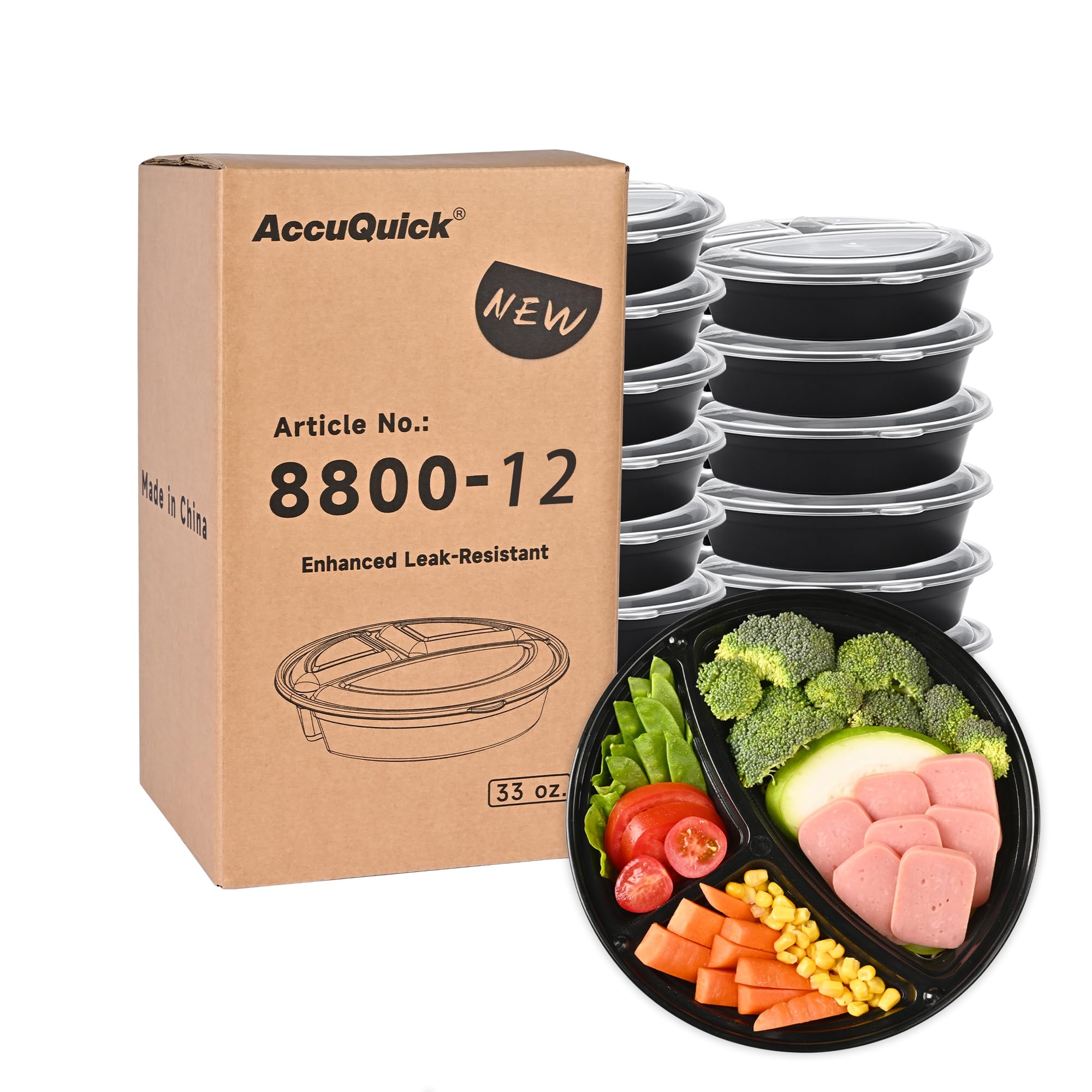 LOKATSE HOME Meal Prep Container Microwave Safe 12 Pack 3 Compartment with Lids, Round Bento Box, Food Storage Durable Stackable Reusable, BPA Free, Freezer, Dishwasher Safe (33 oz)