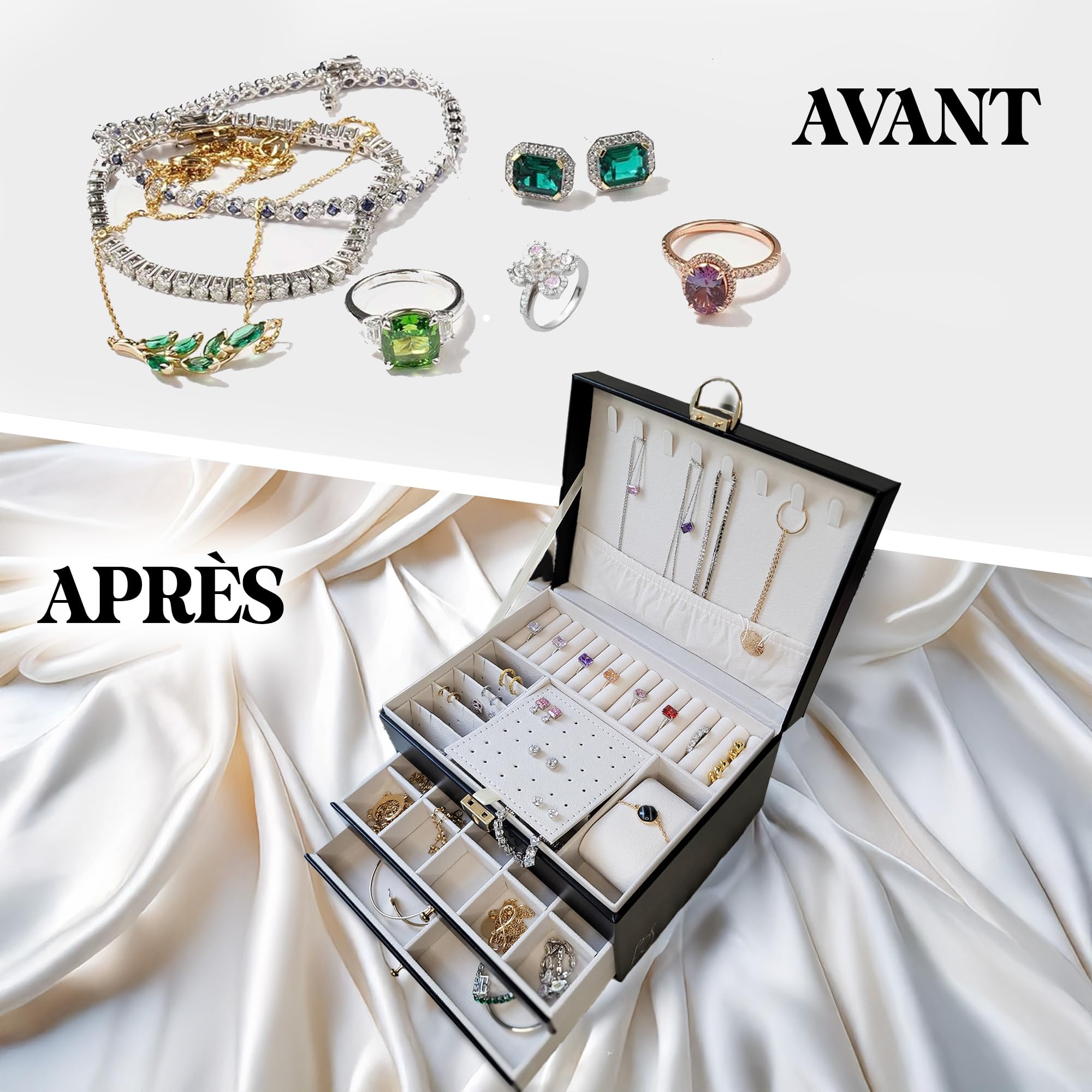 BS Boîte à bijoux pour femme et fille | Boîte à bijoux personnalisée avec prénom, pour cadeau - fête | Rangement bijoux verrouillable à clé, en cuir végan, organisateur bijoux (Noir)