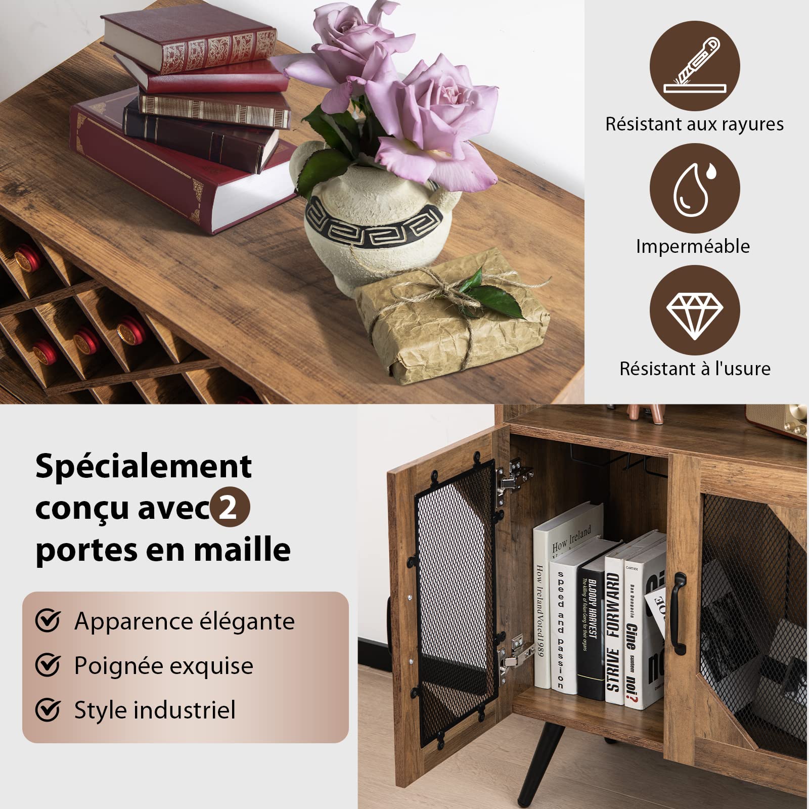 COSTWAY Buffet Cuisine avec Porte-Bouteilles Amovible pour 11 Bouteilles, Porte-Verres, Placard 2 Portes, Meuble Range Bibliothèque Anti-Bascule pour Cuisine, Salle à Manger, Salon, Brun Rustique