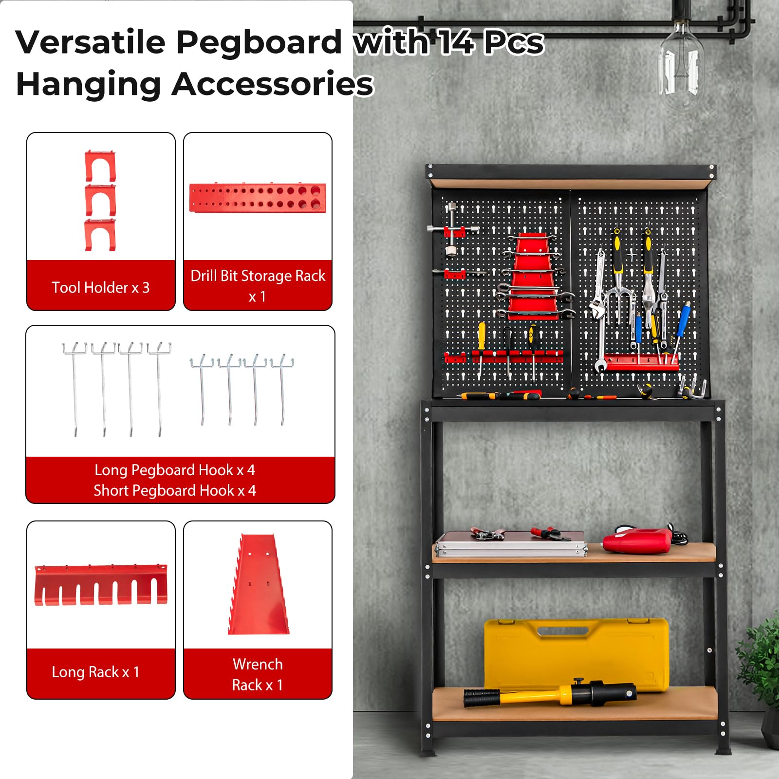 SOARS Établi Atelier Garage 81 X 41 X 156 CM, Rangement Outils en Métal en 2 Panneaux Perforé avec Kit de 14 Crochets, 2 Étagères, Charge 100 KG, pour Garage, Atelier (Noir+Rouge, 81 x 41 x 156 cm)