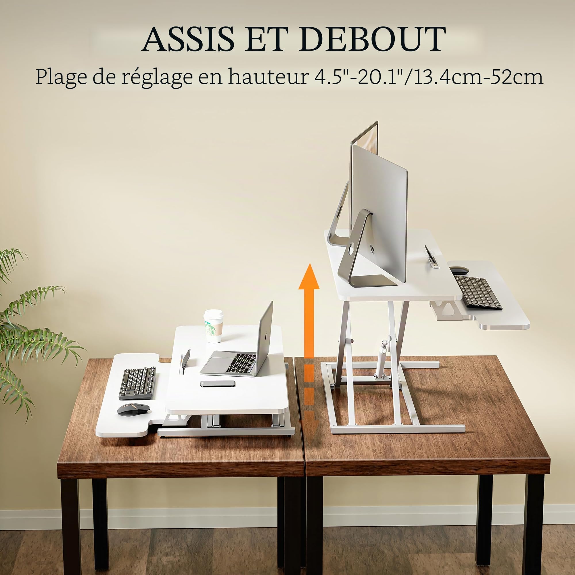 ERGOMAKER Convertisseur de Bureau Debout réglable en hauteur 101 x 40 CM,Bureaux et Postes de Travail,Avec Deux écrans et Plateau Pour Clavier(Blanc)