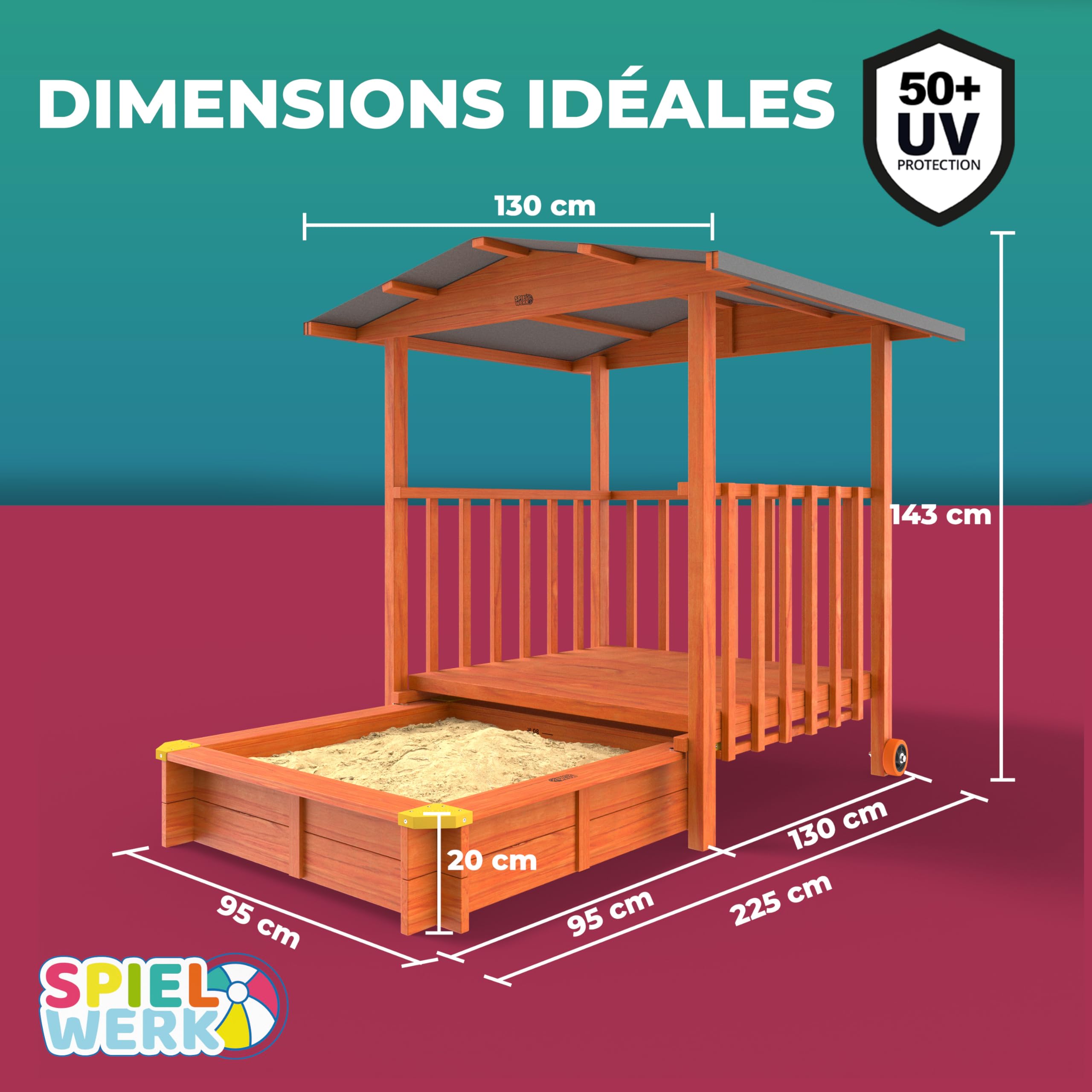 SPIELWERK® Bac à Sable en Bois Merle 143x130x130cm Aire de Jeux cabane Protection UV 50+ Jeu pour Enfants extérieur Jardin