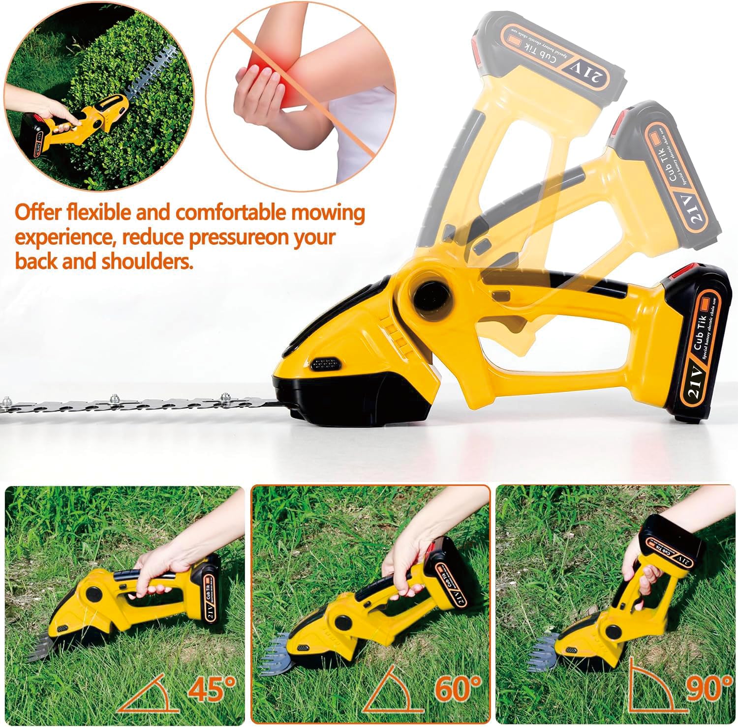 Heckenschere Kabellos mit Akku und Ladegerät 21V Elektrobürste Grasstrauchschneider 2 in 1 Handheld Mini Grasschere Grasschneider Akkubetriebene Heckenschere Gelb