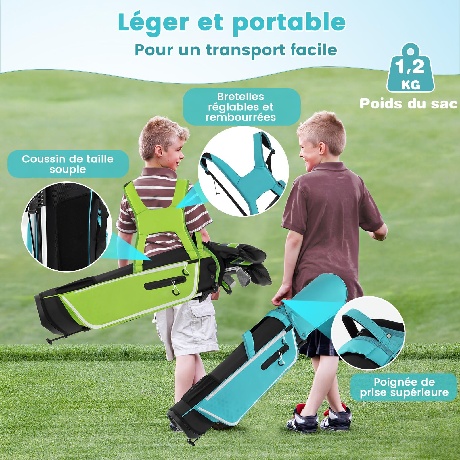 COSTWAY Ensemble Club de Golf Portable pour Enfants, Set de Golf Complet Sac Trépied avec Capuche Anti-Pluie, pour Droitier