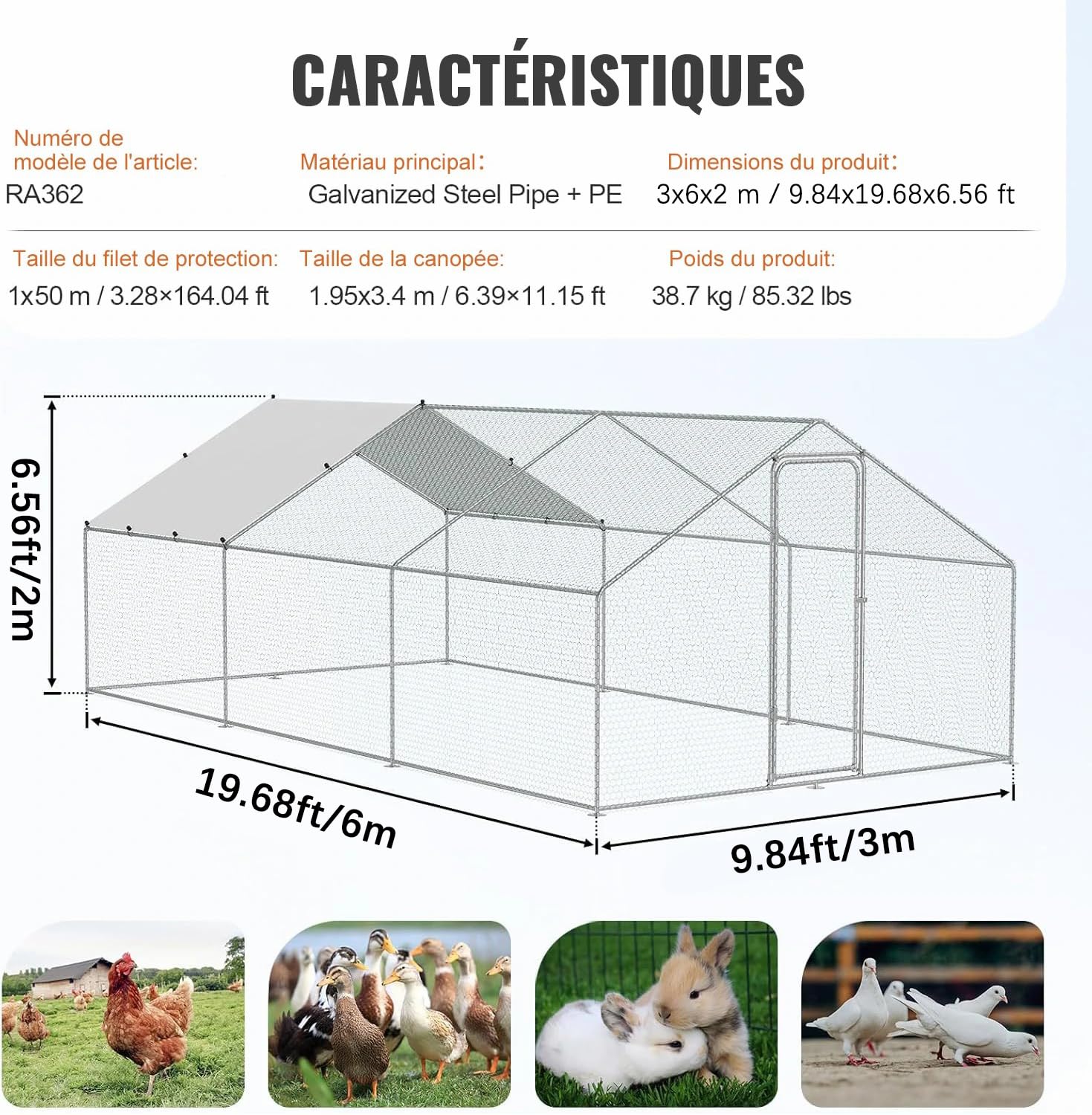 Grand Enclos Poulailler Extérieur 18 m² en Acier Galvanisé avec Bâche PE Résistante et Porte Verrouillable – Parc Grillagé pour Poules, Canards, Oies et Petits Animaux – 6 x 3 x 2 m