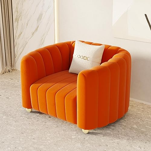 Miniatura 6 de Juego de sofá copetudo de terciopelo naranja de 3 piezas para sala de estar, juego de sofá de diseño moderno con patas de bola de metal doradas,