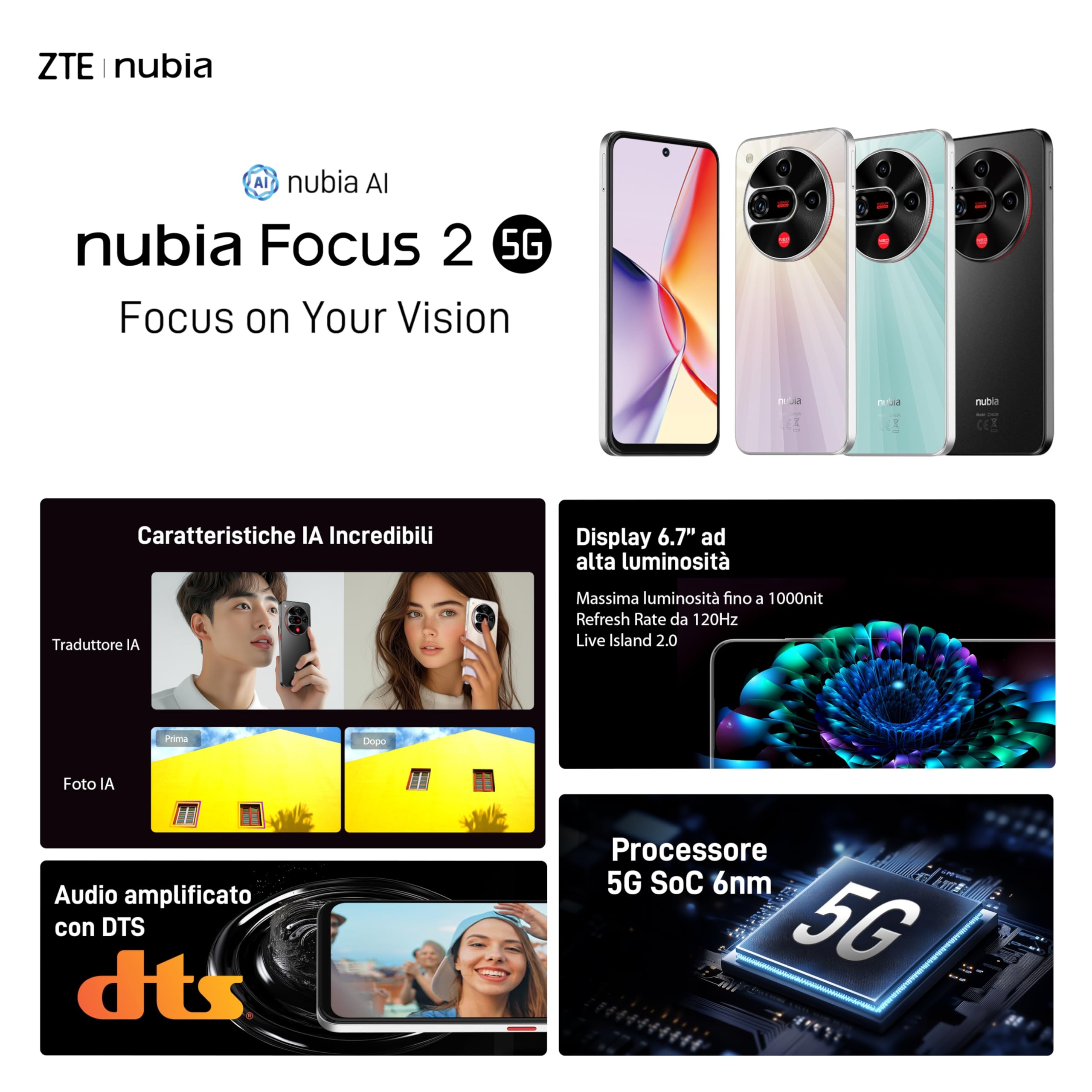 nubia Focus 2 5G Smartphone Android 15, 8+12GB RAM Dinamica + 256GB ROM, Display 6.7” HD+ 120Hz, Smartphone Dual Sim, Fotocamera 108MP, Batteria 5000mAh, NFC