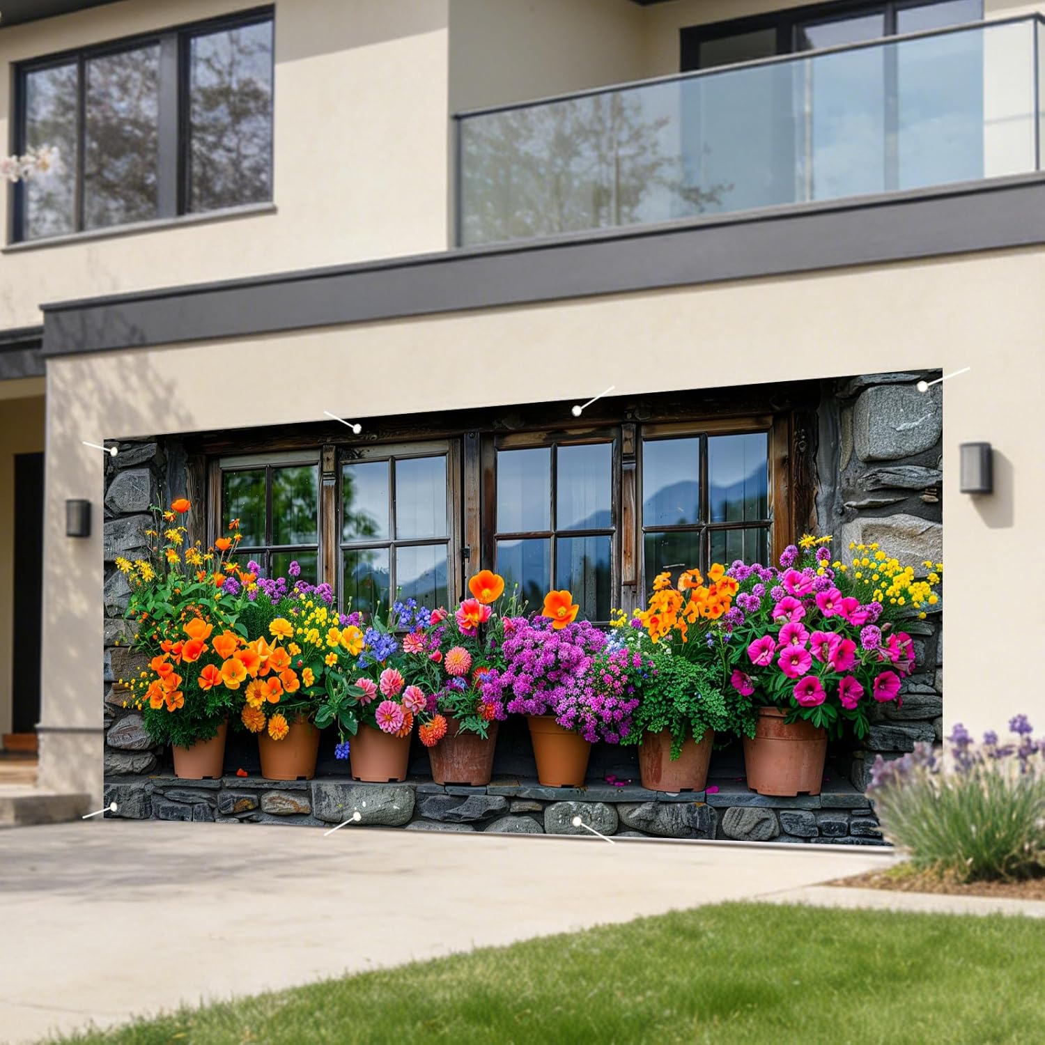 Nuxovilar Spring Garage Door Cover Stone Window Colorful Flower Pot Mountain View Decoration Polyester 157.48x70.87 Inches Spring Garage Door Cover for Outdoor Garage Yard Home