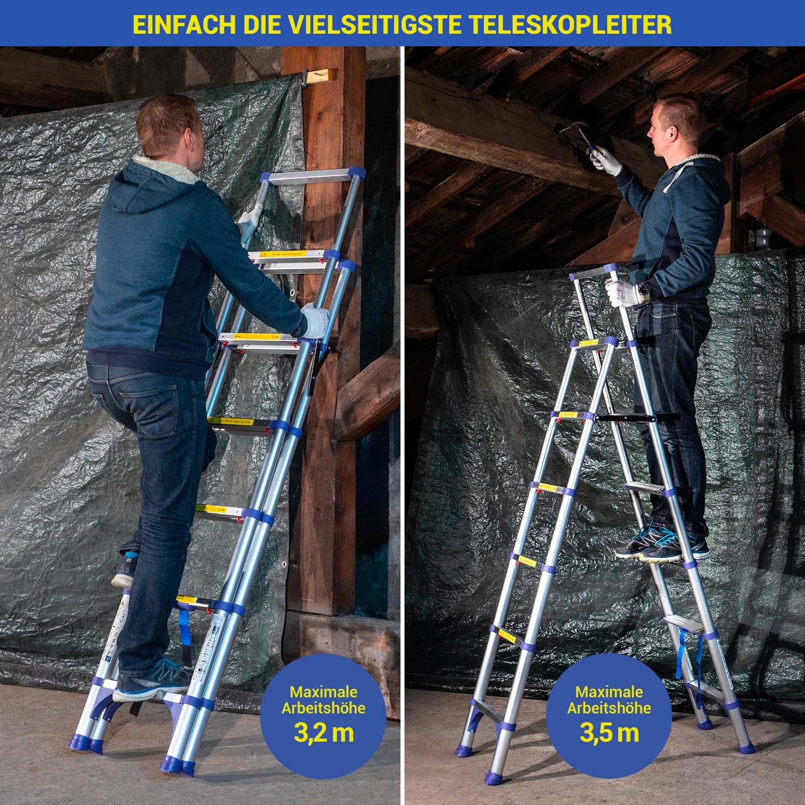 HOSTRÖM Teleskop-Trittleiter 7 Stufen EXTENDACT6, Teleskopleiter 2m+1.7m, Faltbare Teleskop-Trittleiter, Max. Arbeitshöhe 3,5m, 5 Jahre Garantie