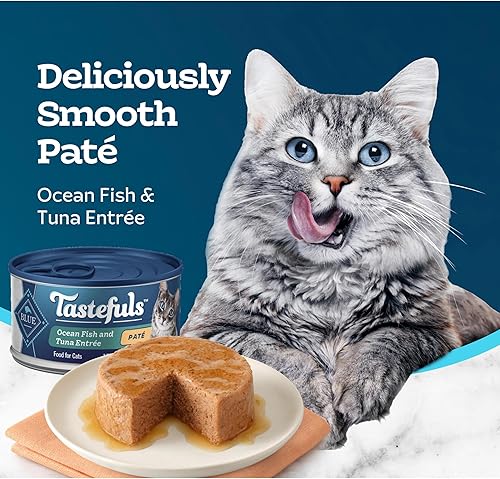 Miniatura 4 de Blue Buffalo Tastefuls Paté de comida húmeda para gatos, hecho con ingredientes naturales  Entrada de pescado y atún del océano, latas de 3 onzas