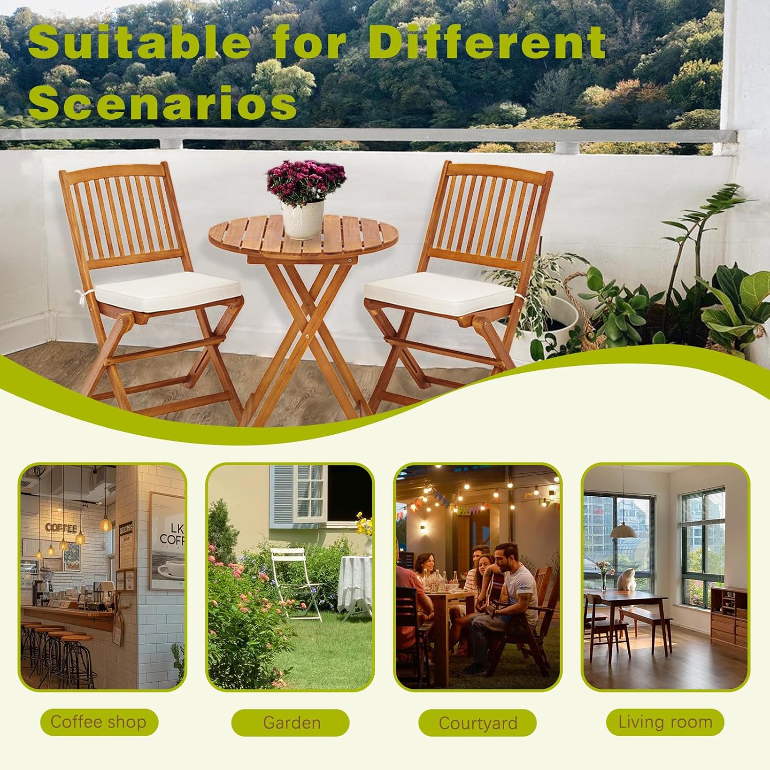 S AFSTAR 3 Pieces Patio Bistro Set, Acacia Wood Bistro Set Folding Chair with Round Coffee Table & Padded Cushion, Outdoor Bistro Table and Chair Set of 2 for Patio, Balcony, Poolside & Porch (Beige)