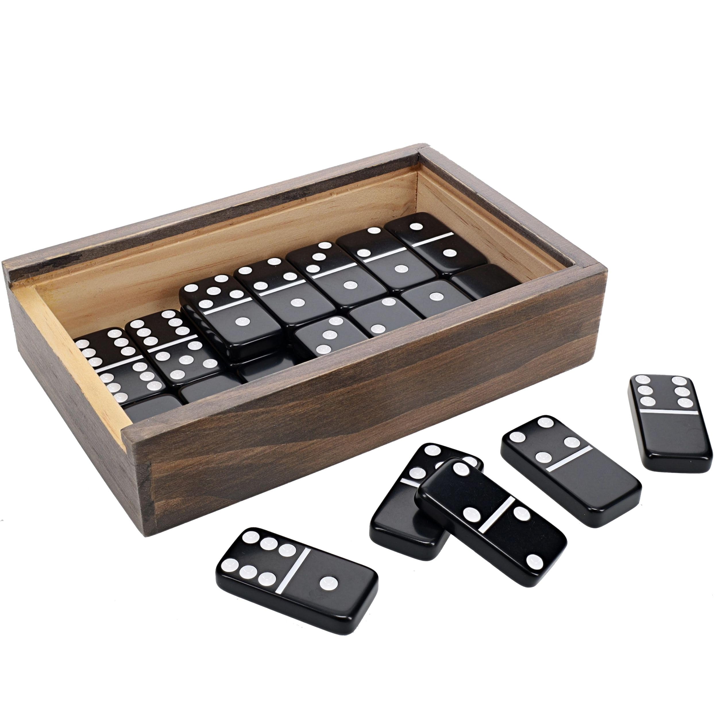 WE Games Double 6 Black Dominoes Set in Wooden Storage Case with Sliding Lid, Travel-Sized Domino Game for Adults