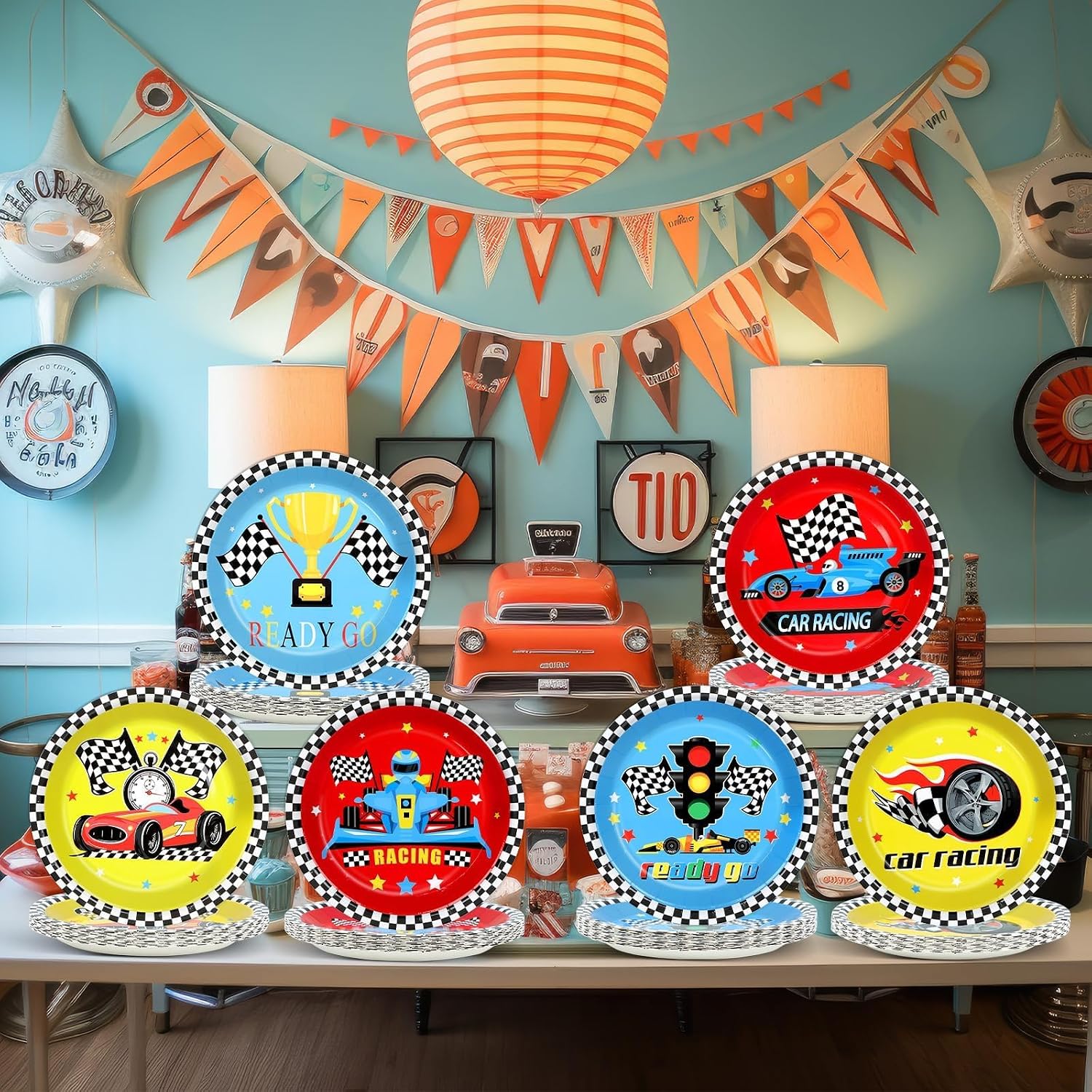 60Pcs Race Car Party Plates 7 Inch Birthday Decorations Hot Car Theme Disposable Dessert Plates Sports Dinnerware for Kids Boys Racing Birthday Baby Shower Party Supplies