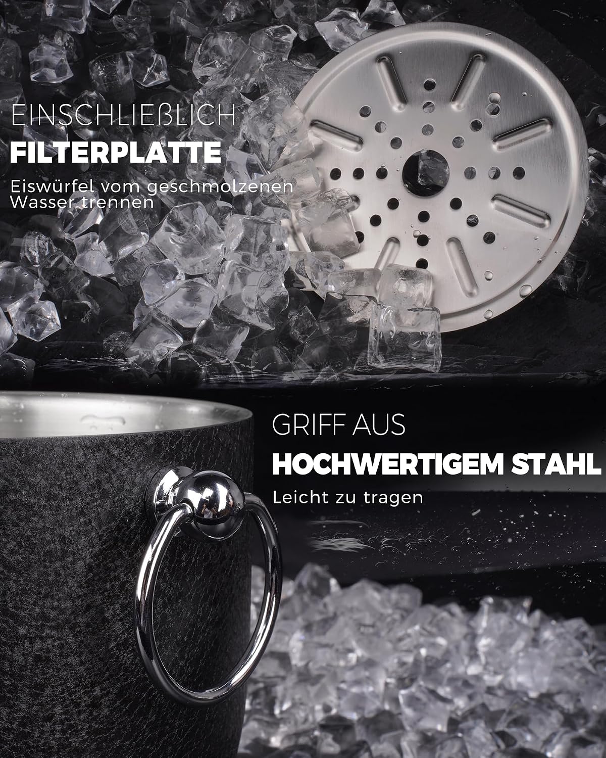 Produktbild von Gusto Nostro Eiswürfelbehälter 4,1 L – Doppelwandiger Edelstahl, Mit Deckel & Zange, Für Cocktails & Partys