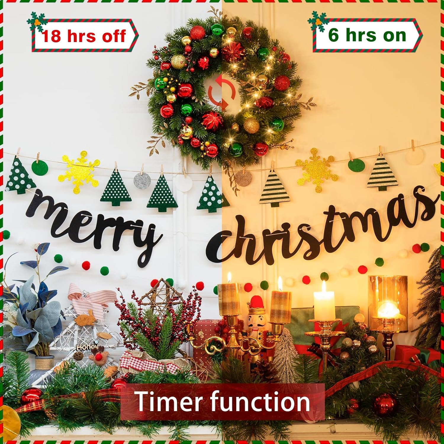 Avoalre Weihnachtskranz 40cm 40LEDs Lichterketten Timer Batteriebetrieben Künstlicher Kranz 8 Modi Innen Weihnachtsdeko mit Christbaumkugeln Türkranz für Weihnachten Fenster Tür | Künstlicher Kranz 8 Modi Innen Weihnachtsdeko mit Christbaumkugeln Türkranz