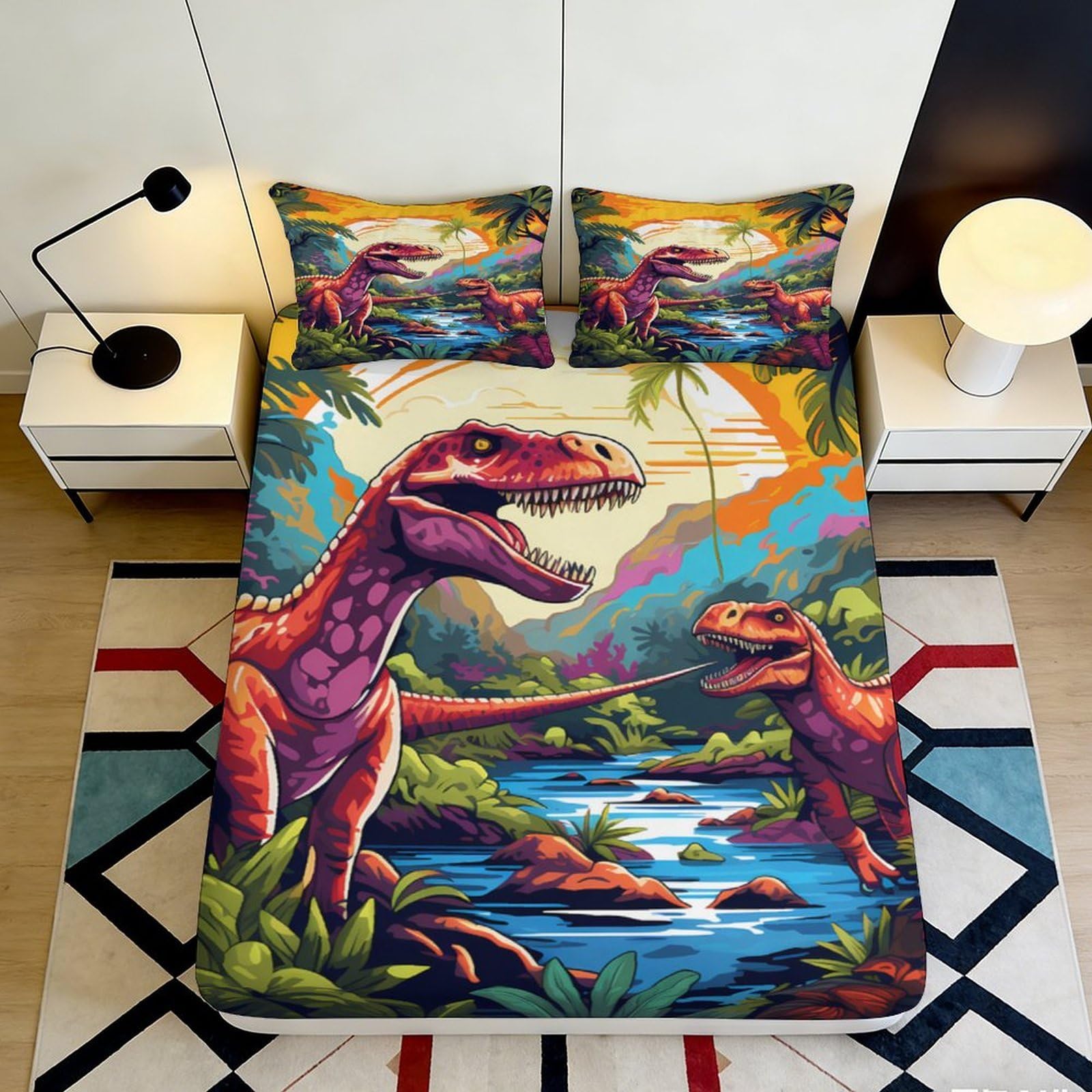 3D Printed Jurassic Dinosaur Fitted Sheet Microfiber Vibrant Wild Forest Bed Cover for Bedroom Dorm Decor Mattress Protection 90x200x25cm