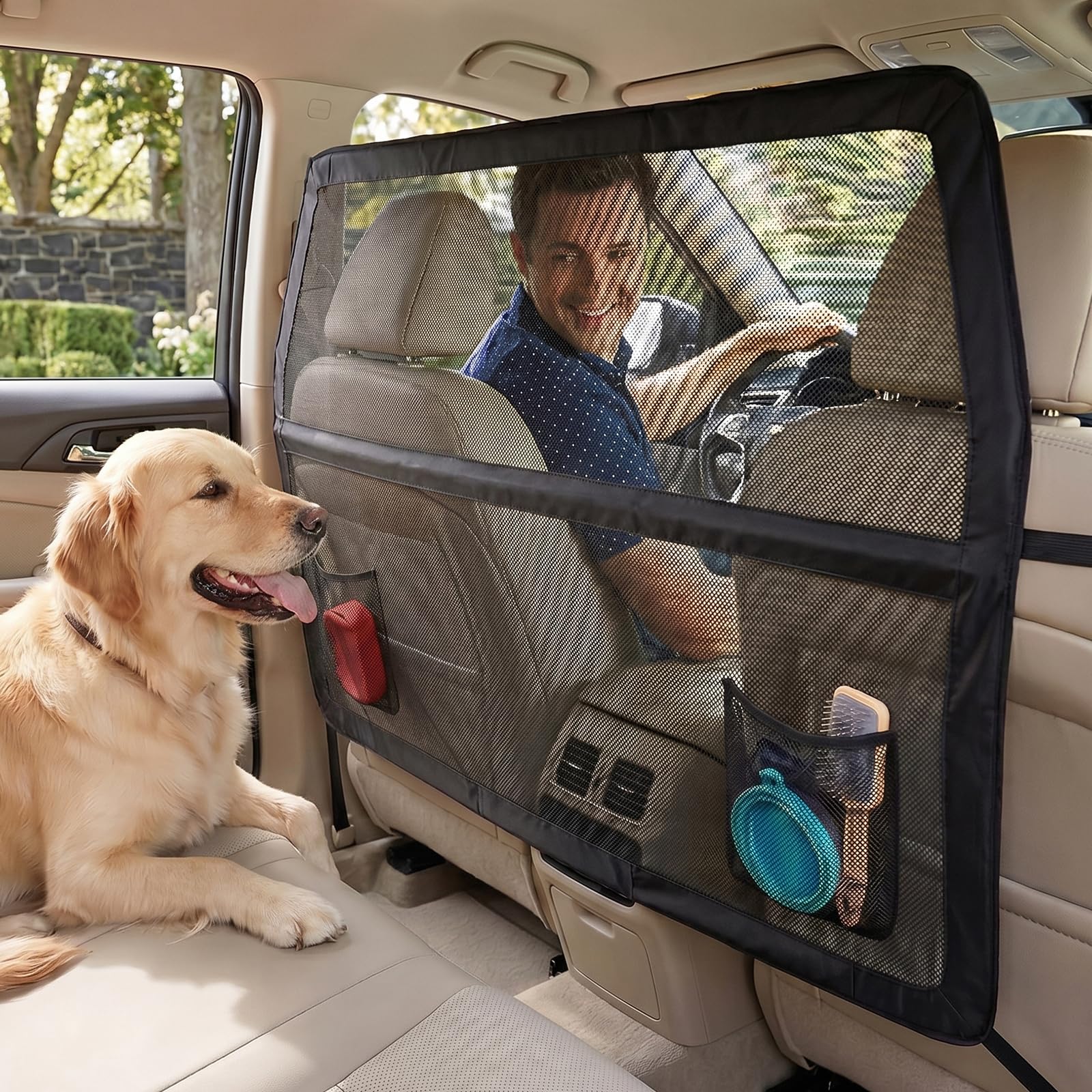 Hundegitter Auto mit Metallrahmen & Sichtnetz, 127 x 142 x 81cm Haustierbarriere Schutznetz Barriere Trennnetz, Universal Hunde Barriere für Kofferraum oder Rücksitz, für SUVs Lkws Fahrzeuge, Schwarz