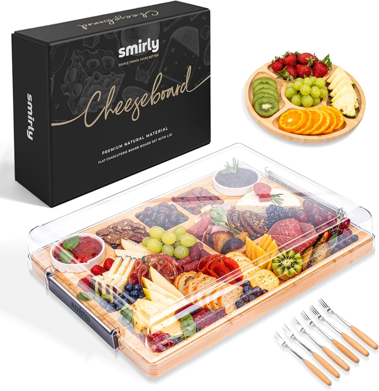 Smirly Charcuterie Boards with Lid Large Travel Cheese Charcuterie Boards with Lid, Portable Bamboo Cheese Platters Serving Tray for Home Kitchen Picnics, Housewarming Gifts Wedding Gifts for Couples Natural Bamboo Cheese Board With Lid