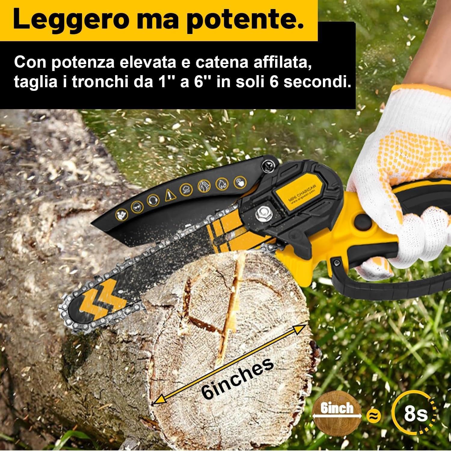 Brushless Mini Motosega a Batteria, Motosega Elettrica a Batteria,6 Pollici Motosega Elettrica, sega elettrica per potatura,2 Batteria Ricaricabile, con Blocco di Sicurezza, per il Taglio del Legno