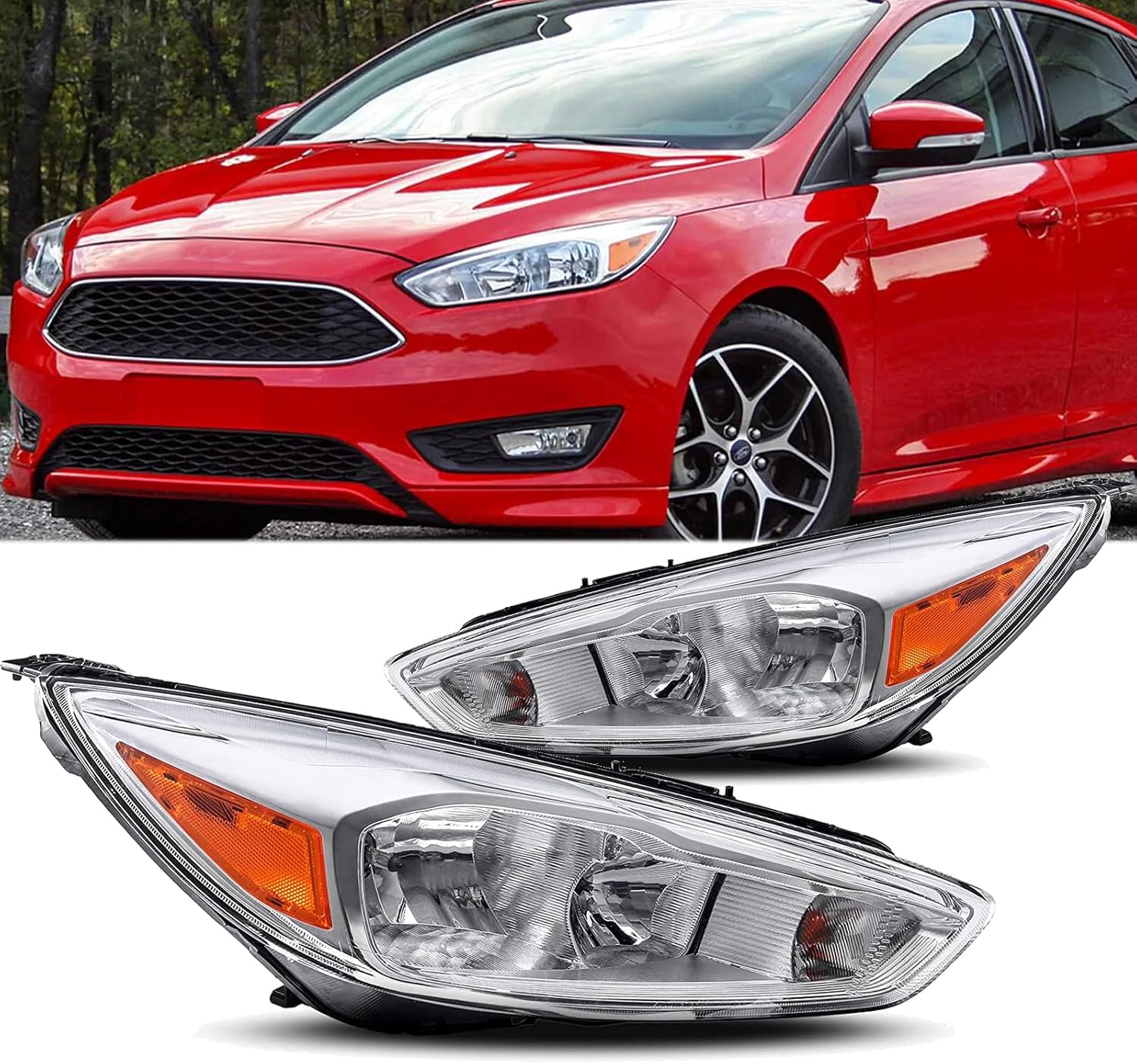 Headlights Assembly compatible with 2015 2016 2017 2018 Ford Focus Halogen Model Upgraded to DRL Style, Chrome Housing,Chrome Housing Amber Corner
