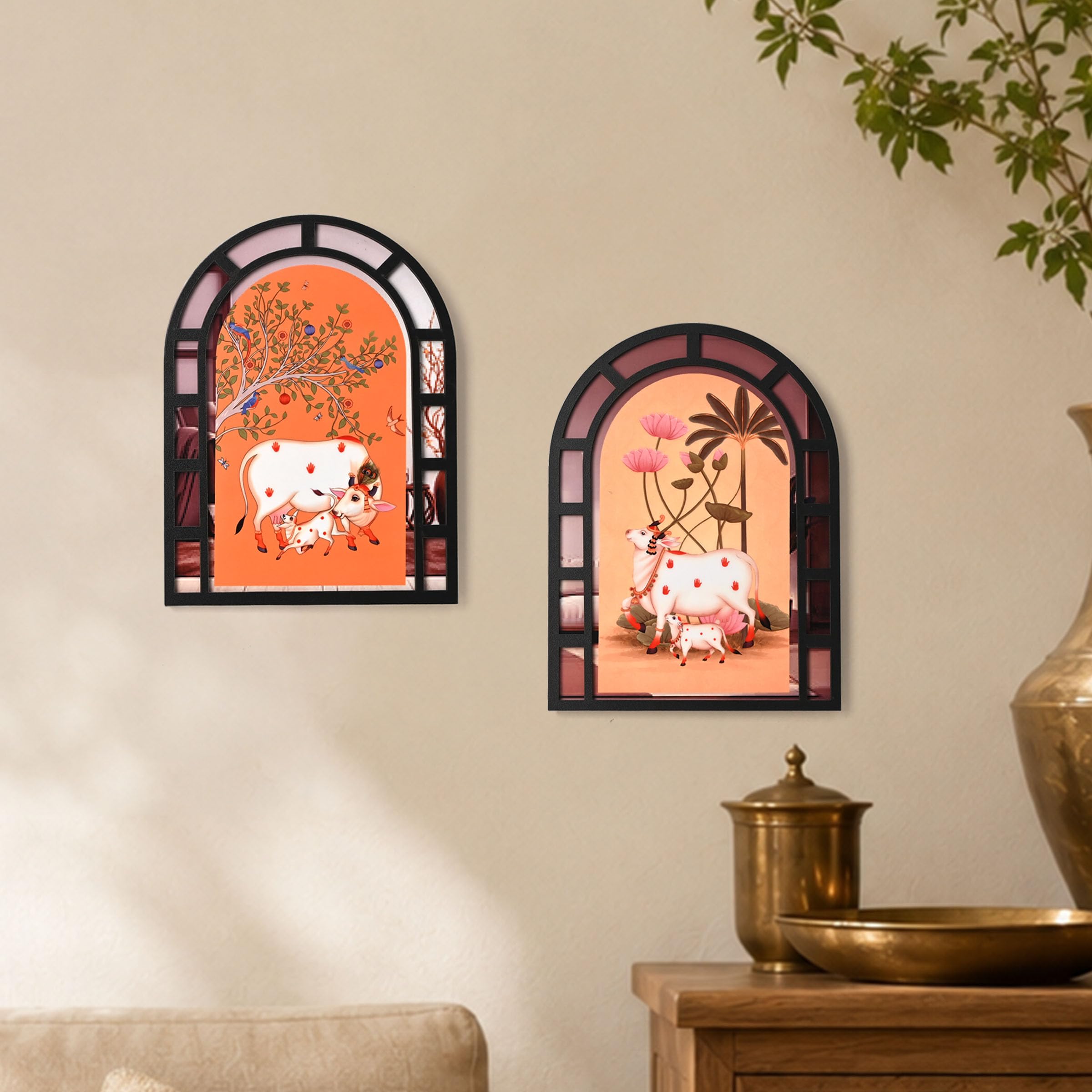 Gift Kya De Wooden Wall Decor Set of 2 for Living Room | Arch Frame Wall Art | Home Decor for Bedroom, Hall & Office | Premium Wooden Wall Hanging | 10.5 x 8 Inch (Kamdhenu Cow Art)-image-30