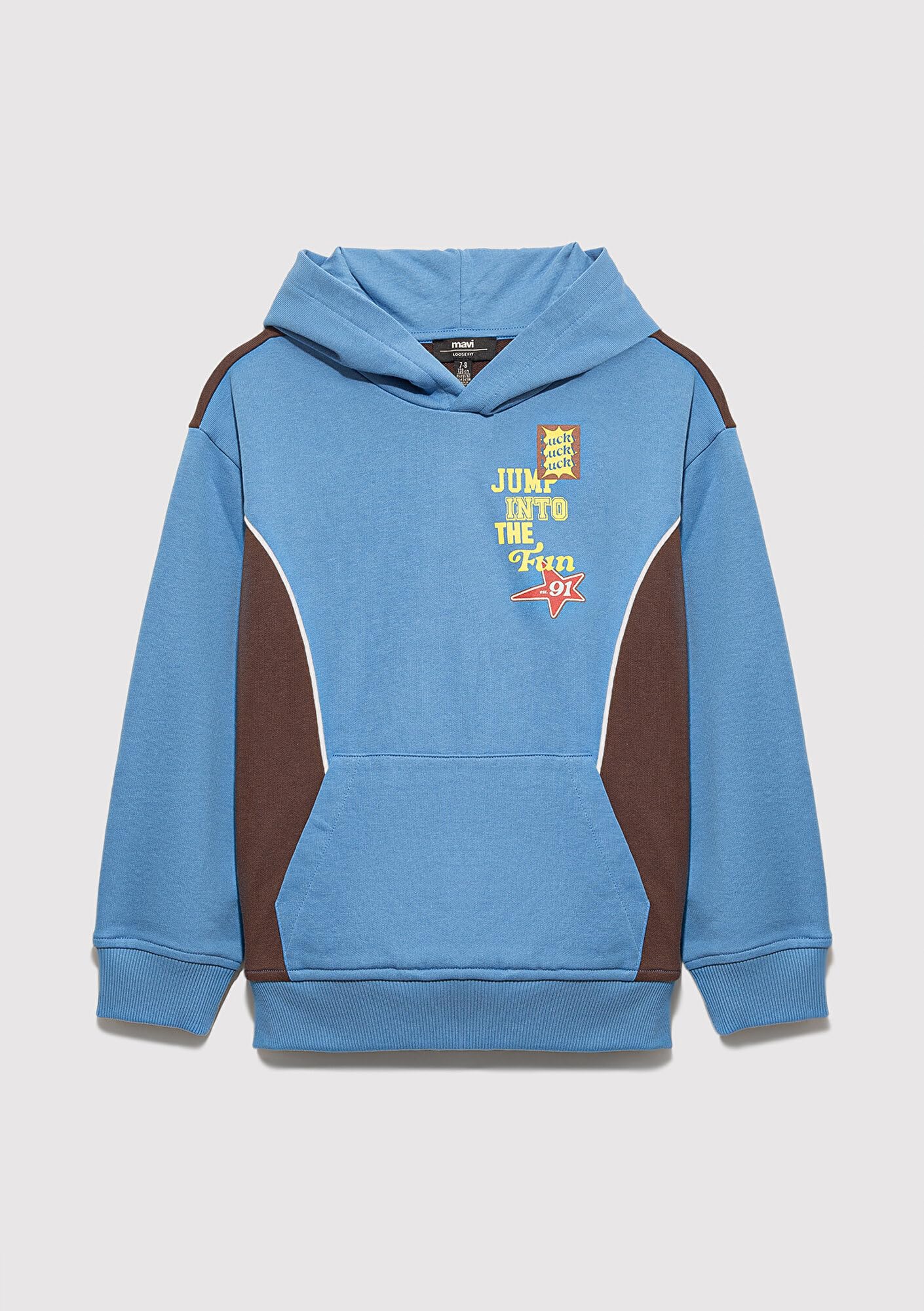 Baskılı Kapüşonlu Mavi Sweatshirt 6S10166-70724