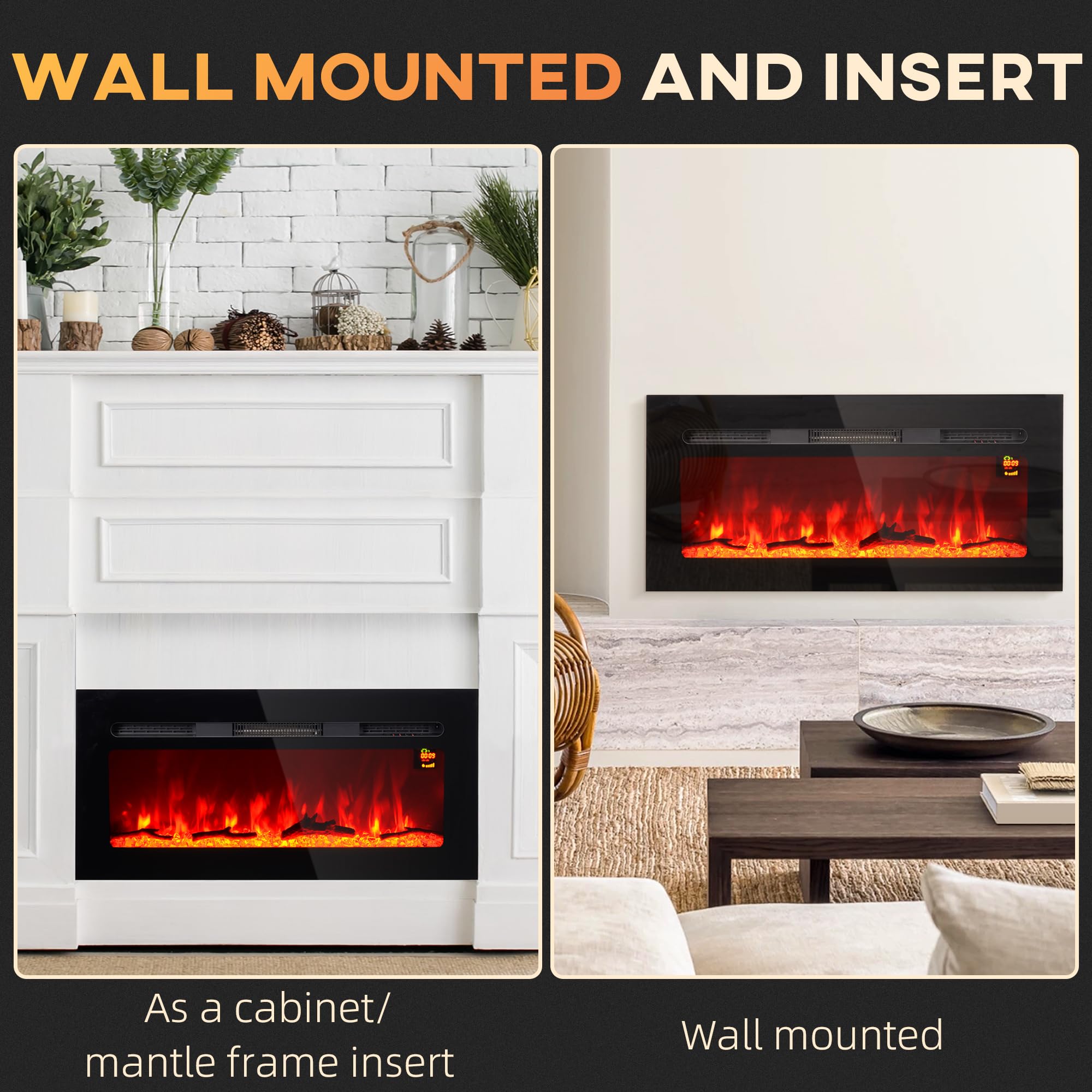 HOMCOM Cheminée électrique 1800 W Mural ou encastrable Fausse cheminée avec Effet Flamme en LED 3 Couleurs 5 luminosités, bûche et Cristal, minuterie, température 15-40℃, télécommande, 91,4L cm, Noir