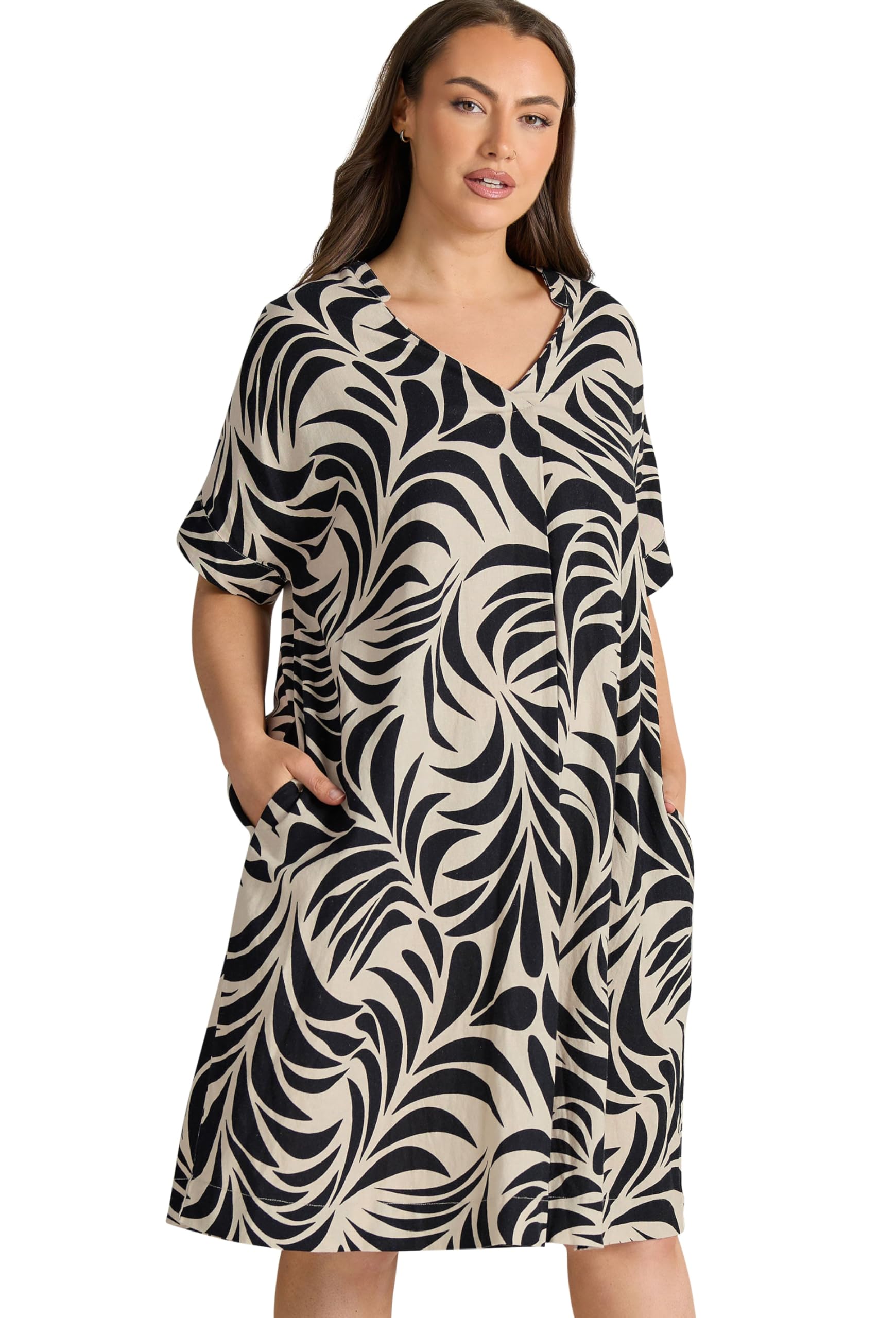 Evans Women's Cream Curve Premium Linen Leaf Print Shift Dress - Plus Size Curve