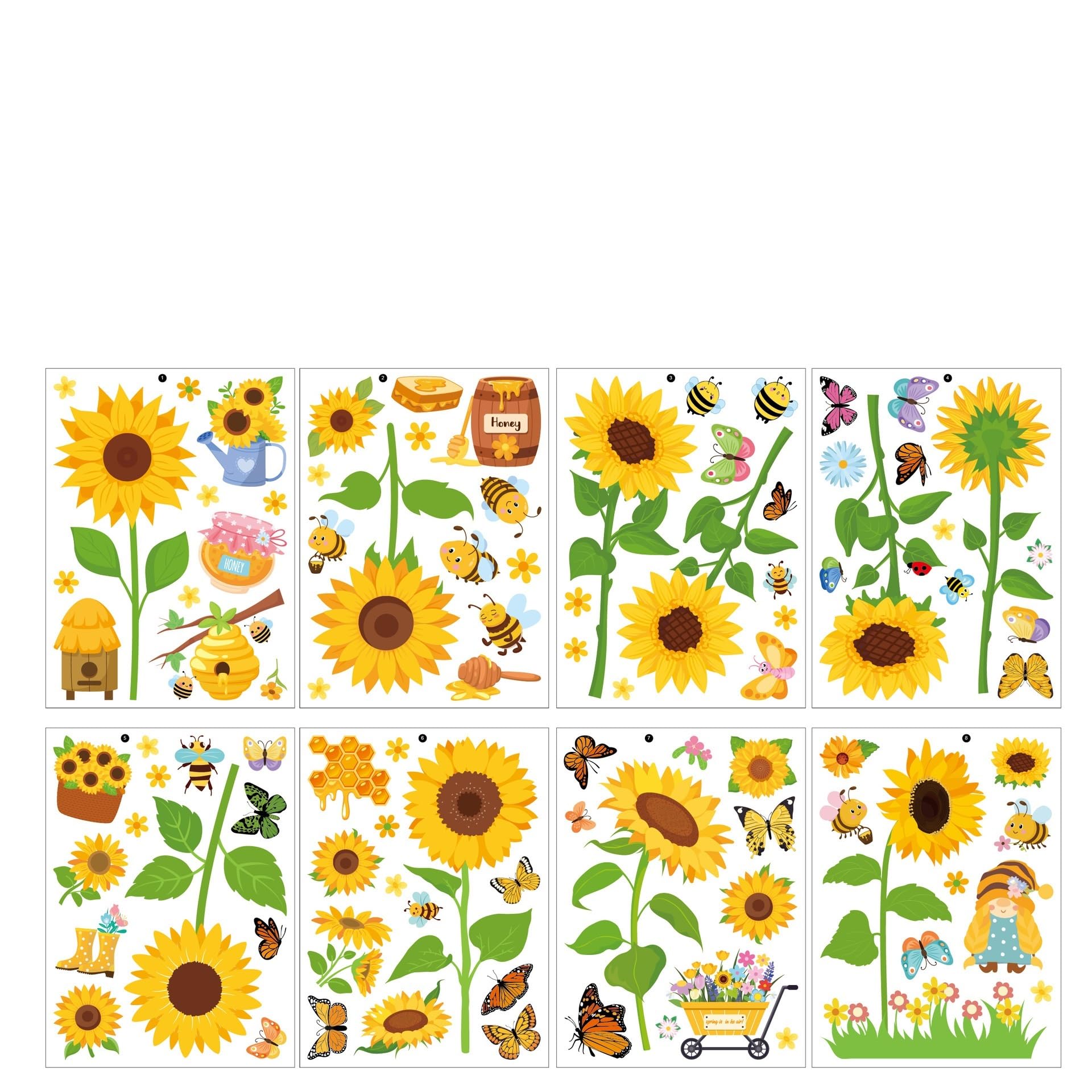 8-Sheet Sunflower and Butterfly Window Stickers - Static Clings for Home Decor