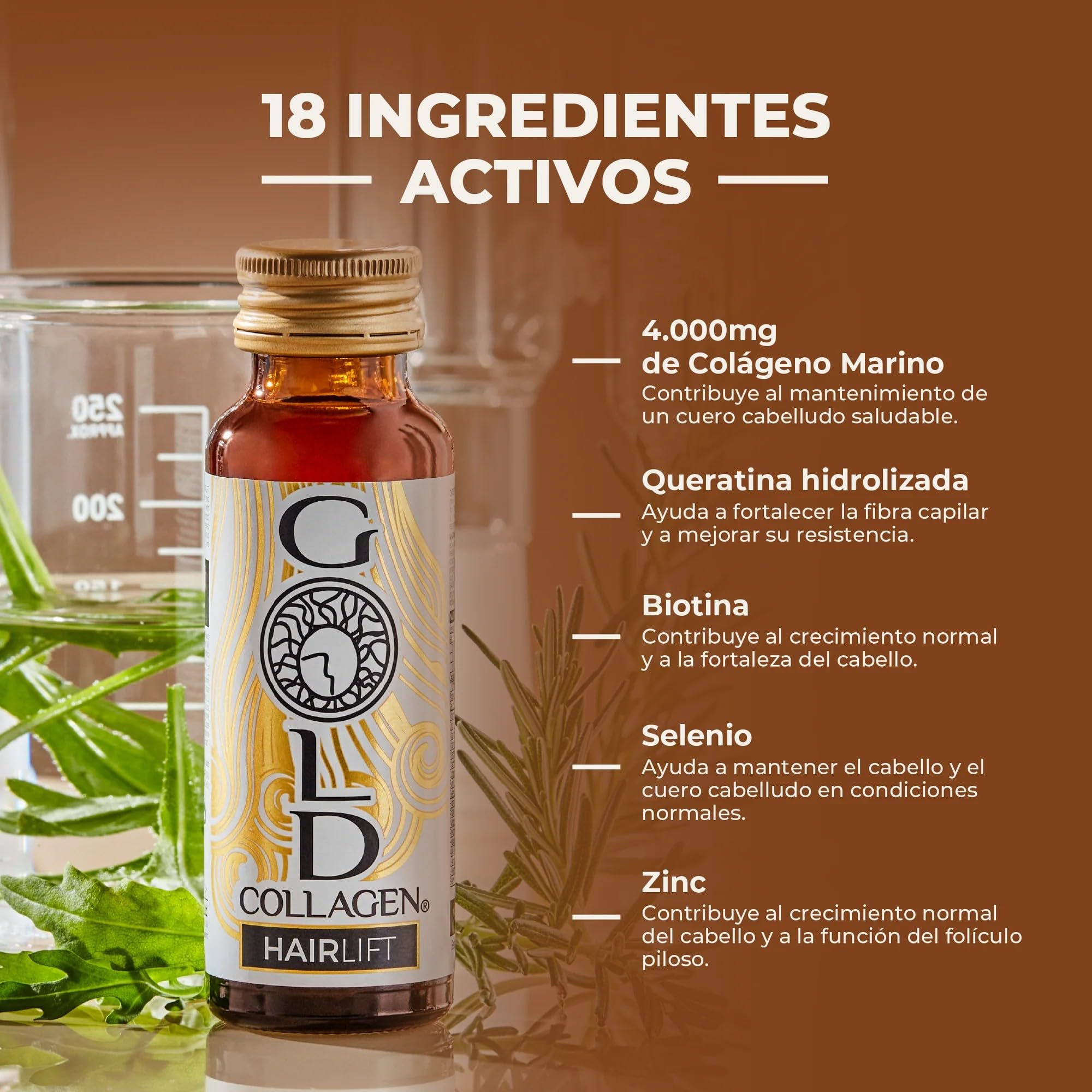 GOLD COLLAGEN Hairlift - Complemento Líquido Colágeno Marino Hidrolizado con Ácido Hialurónico, Biotina para el Cabello, Vitamina C B6, Zinc, Keratina, Fortalece Cabello Piel y Uñas 10 Botellitas 50ml