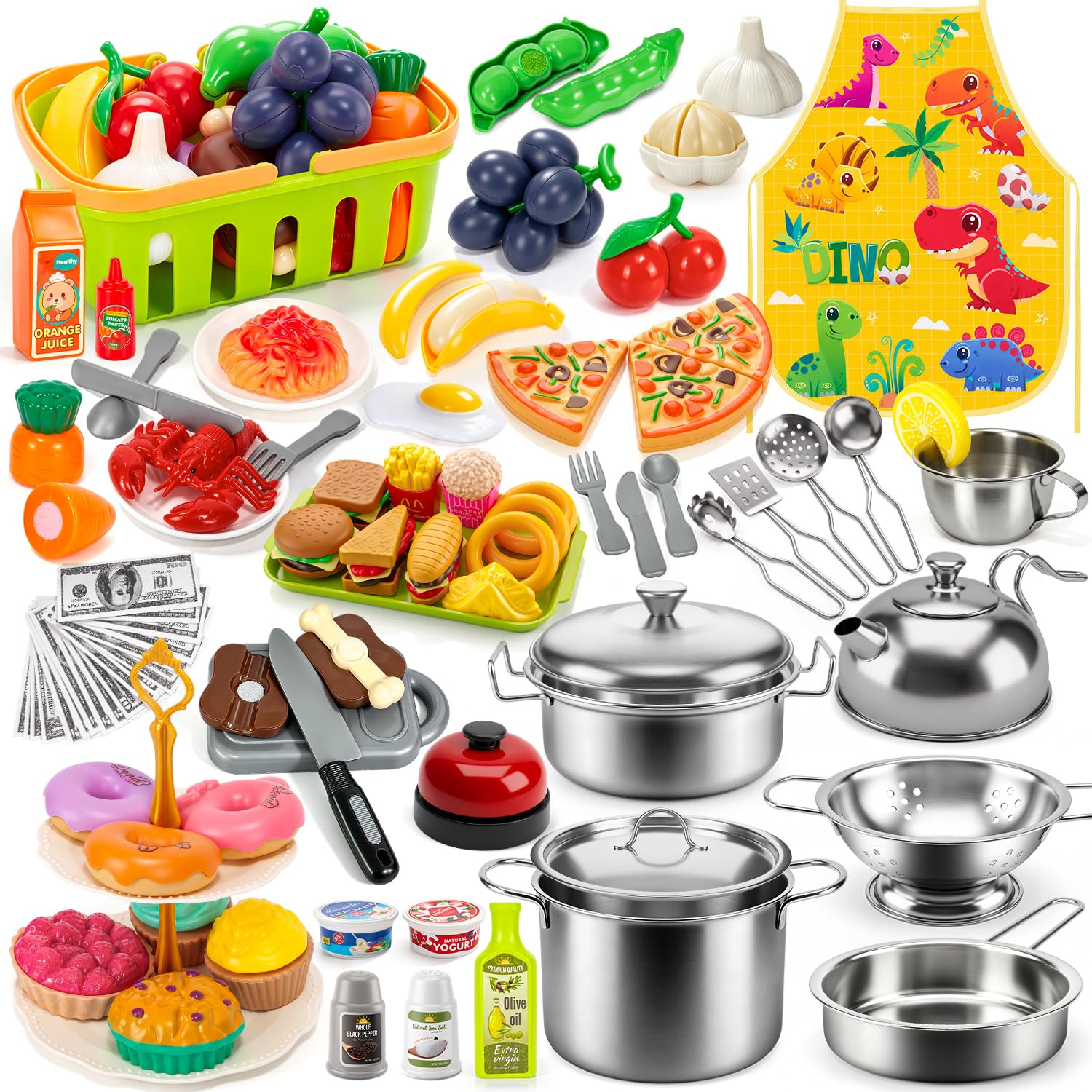 Pretend Play Kitchen Accessories,130Pcs Kids Cooking Toys & Tea Set 3-12