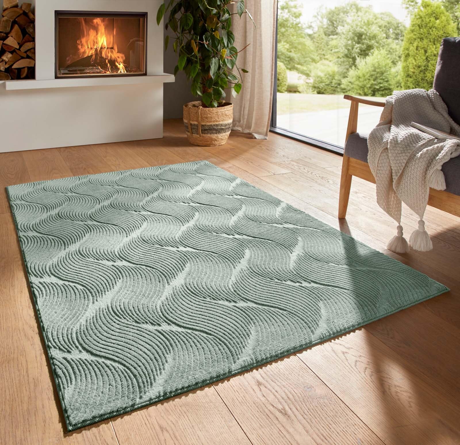 Taracarpet Kurzflor Boho Skandi Polyester Teppich in 3D Optik waschbar, pflegeleicht und robust ideal fürs Wohnzimmer, Schlafzimmer und Kinderzimmer auch als Badematte Grün Düne 060x120 cm
