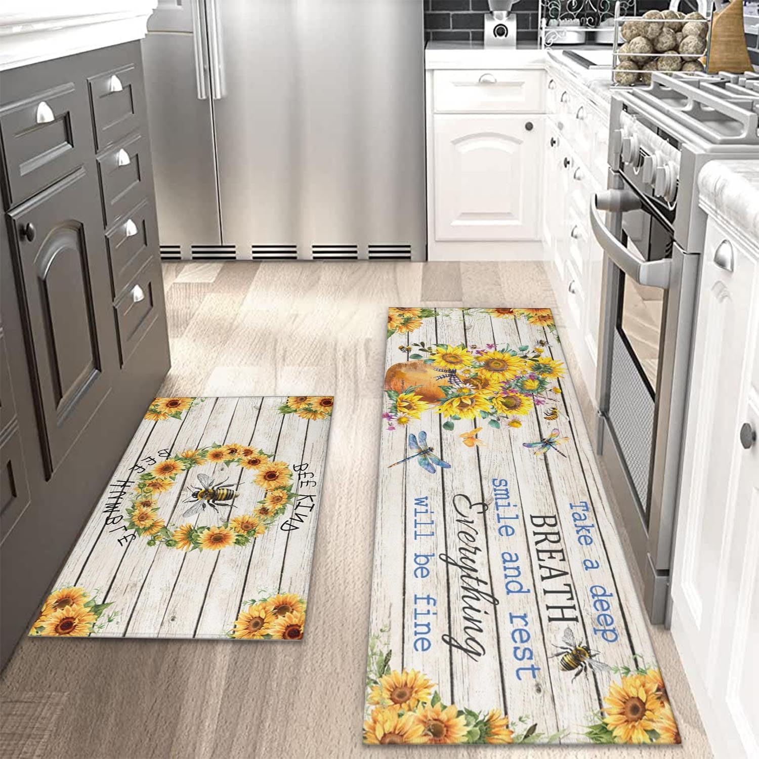 wyoansfhd Sunflowers Farmhouse Kitchen Rug Sets of 2 Piece Non Slip Bee Kitchen Rugs and Mats Washable Summer Kitchen Mats for Kitchen Floor Mat Carpet Runner Rugs for Hallway 17”x30“+17'' X 47''