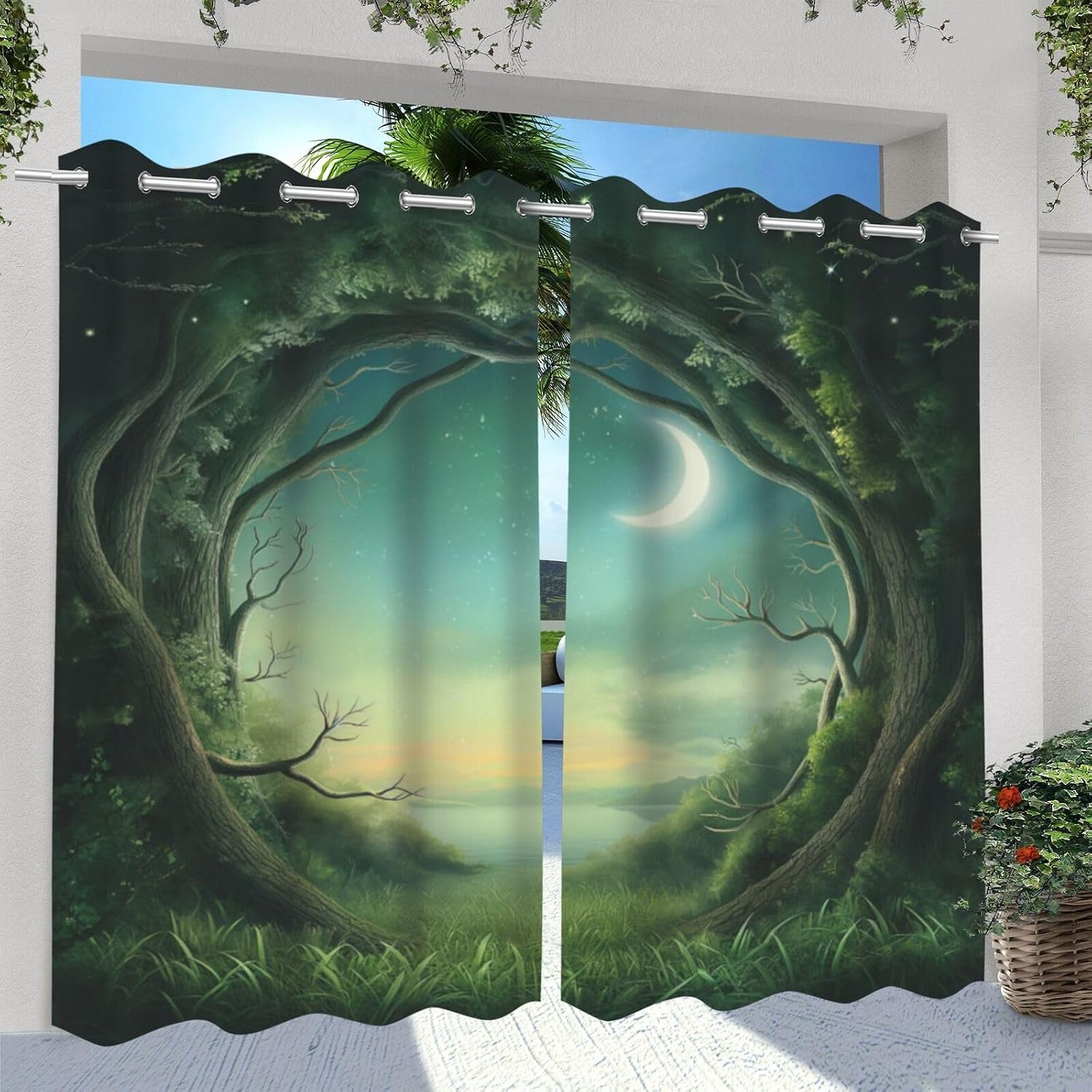 Forest Theme Outdoor Curtains for Patio Waterproof,Trees Moon Lake Pattern,Grommet Curtain for Bedroom, Porch, Living Room, Pergola, Cabana,Set of 2 Panels,54 x 108 inch,Green