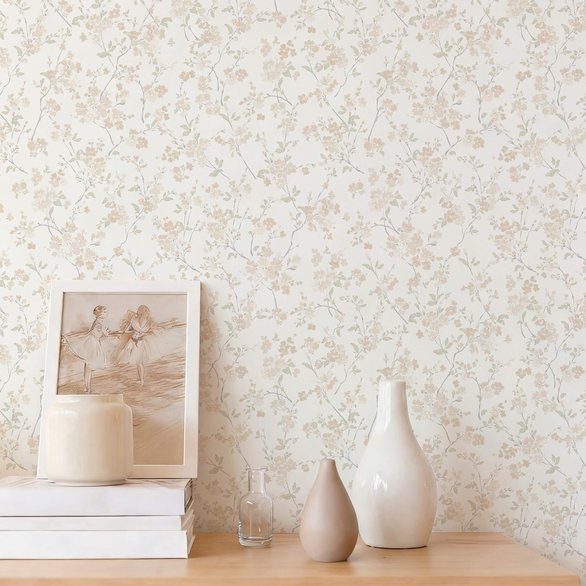 Fiula Beige Cherry Blossom Peel and Stick Wallpaper