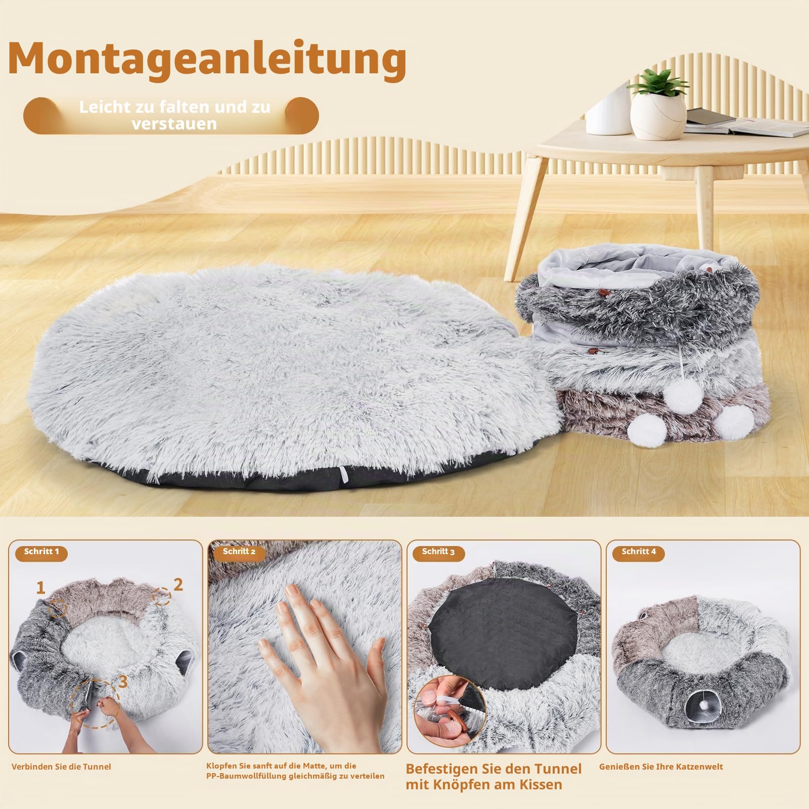 Odoland Katzentunnel XXL Katzenbett Faltbarer Pet Play Tunnel Interaktives Katzenspielzeug Spieltunel mit Ball Rascheltunnel für Indoor Kätzchen Welpen Kaninchen