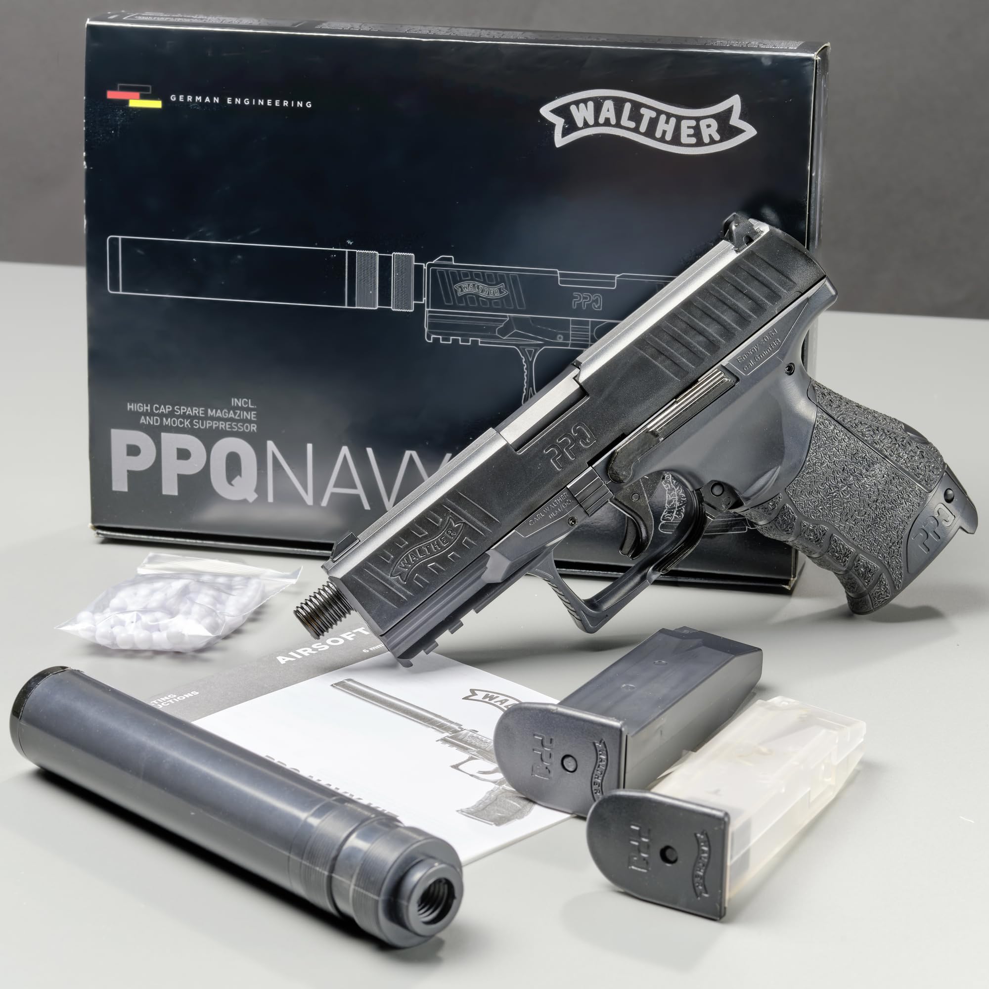 Umarex Walther PPQ Navy BK Spring + Chargeur supp. + Silencieux 0.5J Adulte Unisexe, Noir, Taille unique