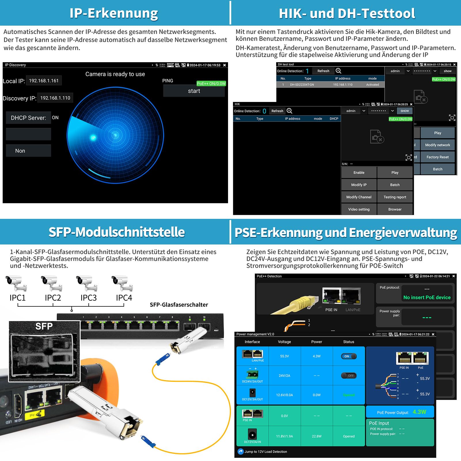 Henkion IPC CCTV Tester H12-ADHS Mit 8 Zoll IPS Touchscreen Monitor, CCTV-Kameratester Unterstützt 8K 32MP IP Und 4K 8MP TVI CVI AHD SDI-Kameratests, Kabeltester SFP POE HDMI/VGA WiFi RS485