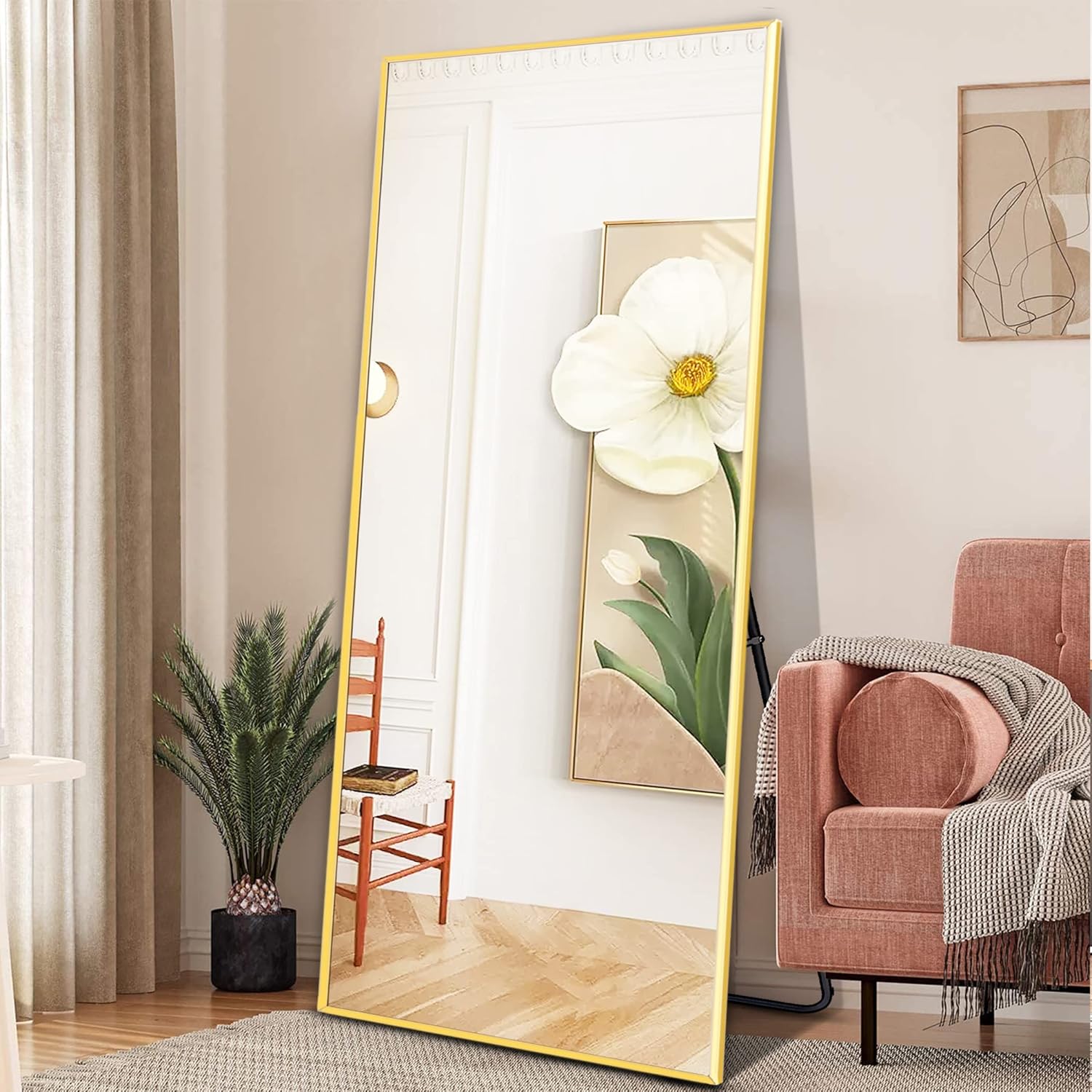 GLASHOM Full Length Mirror,64" x 21" Full Body Mirror,Gold Standing