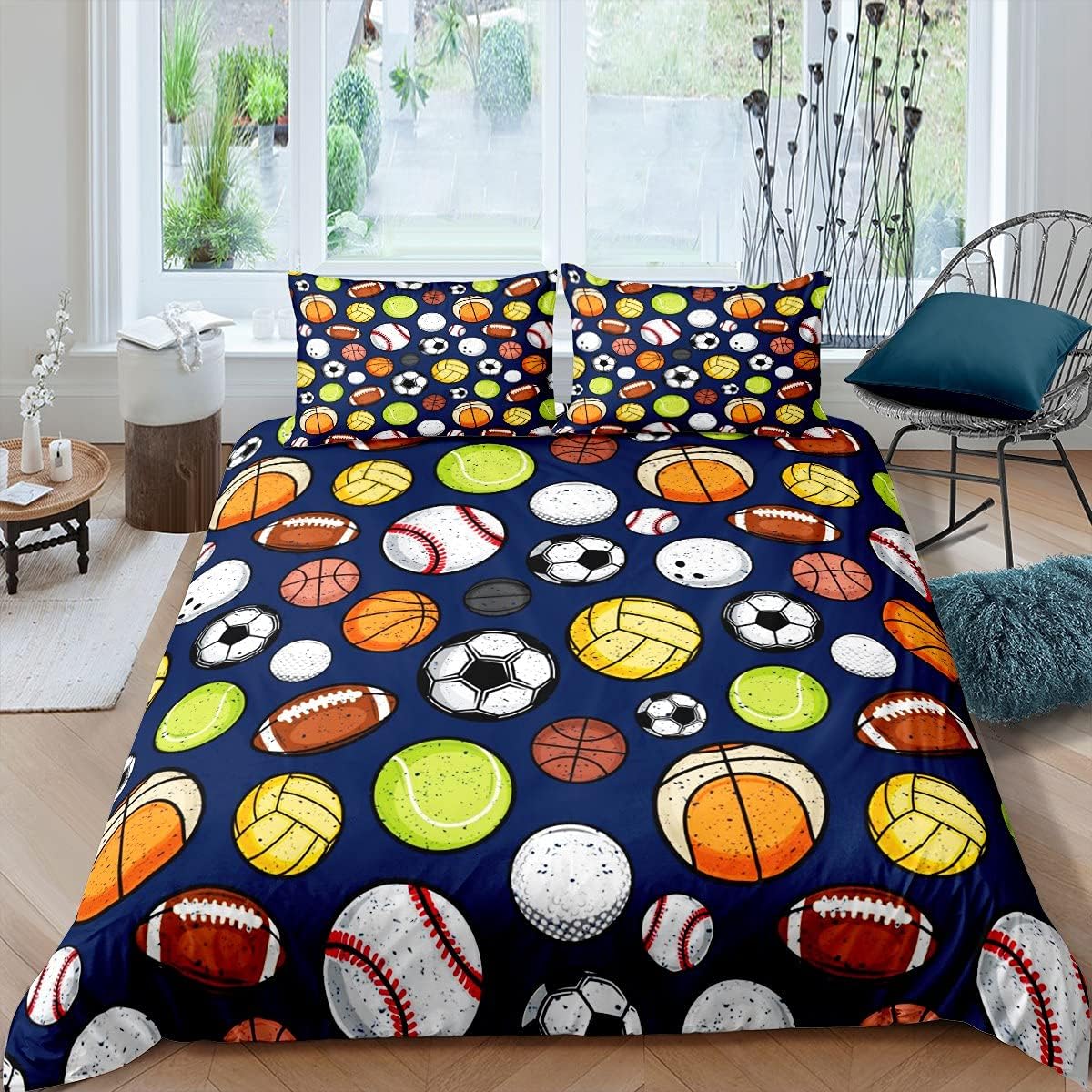 Feelyou Kids Ball Games Duvet Cover Boys Sports Theme Bedding Set Cute Basketball Football Comforter Cover for Teens Girls Room Decor Cartoon Baseball Rugby Lightweight Bedspread Cover Twin