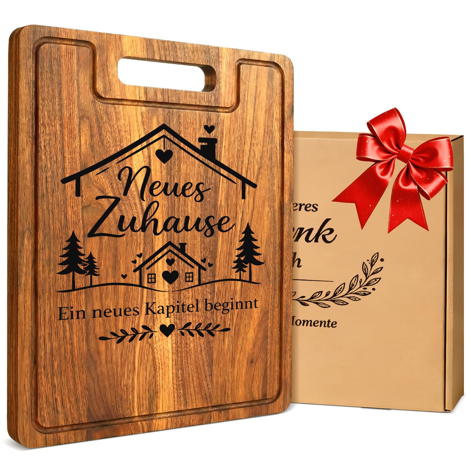 Einzugsgeschenke Wohnung - 38x28x2cm Akazienholz Schneidebrett mit Saftrille - Edles Einweihungsgeschenk Wohnung, Geschenk zum Einzug ins Haus, Richtfest Geschenk mit Leinentuch & Geschenkbox