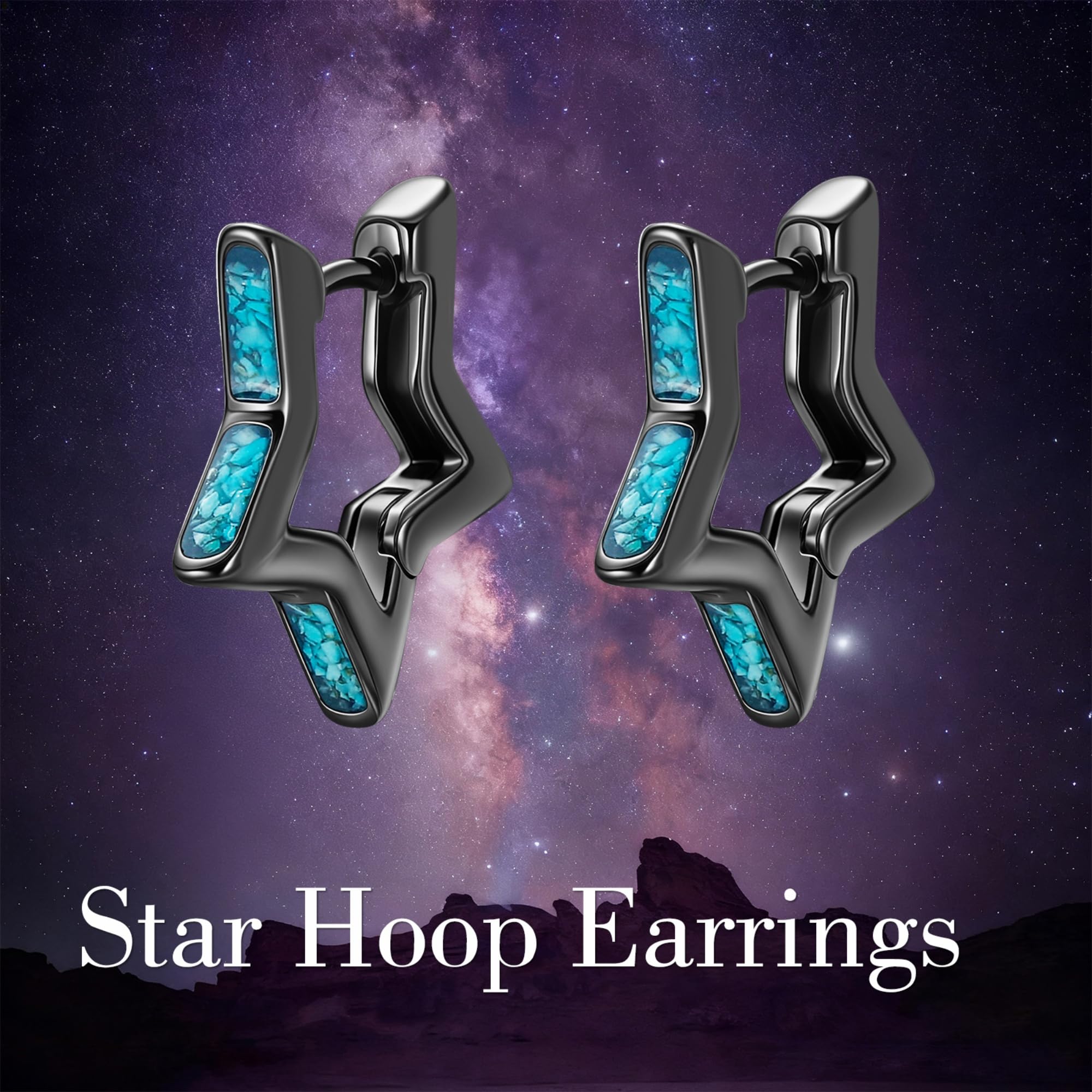 Pendientes de estrella de plata de ley 925, pequeños aretes de aro negros con turquesa, regalos para hombres y mujeres