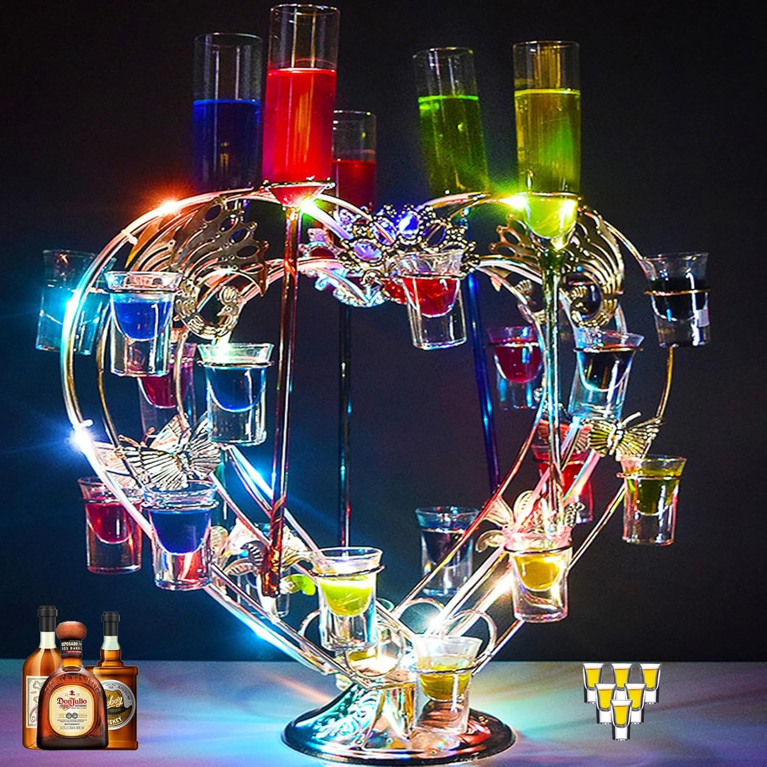 Amazon｜ワイン シャンパン ボトル スタンド テキーラ ハート型 led酒ボトルの表示棚 カクテルグラスホルダー 24カップ ショット