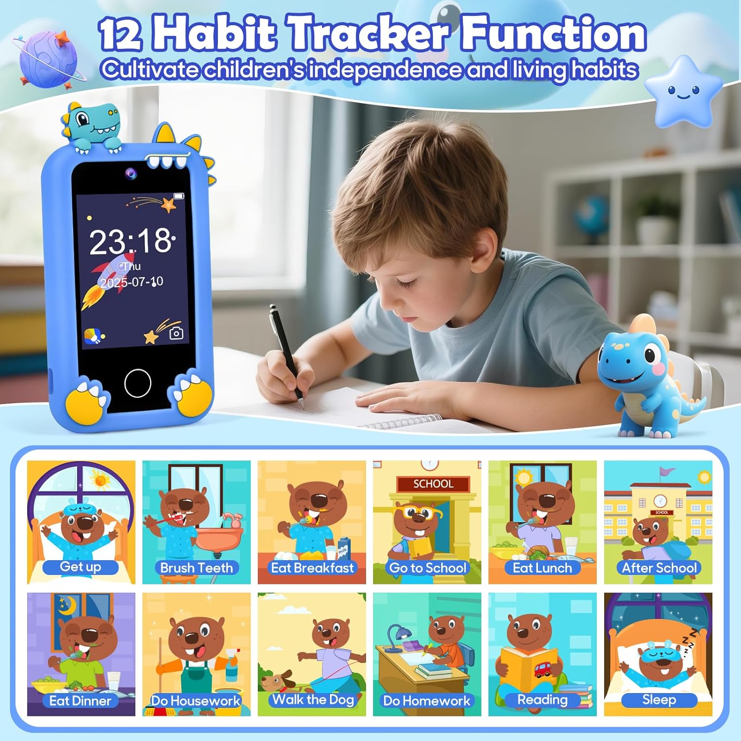 Kids Phone for Boy, Dinosaur Phone Toys for 3-10 Year Old Boys, Kids Mobile Phone Toy with Dual Cameras, 2.8 Inch Touchscreen, Music Player, Games with 32 GB Card, EVA Storage Box (Blue)