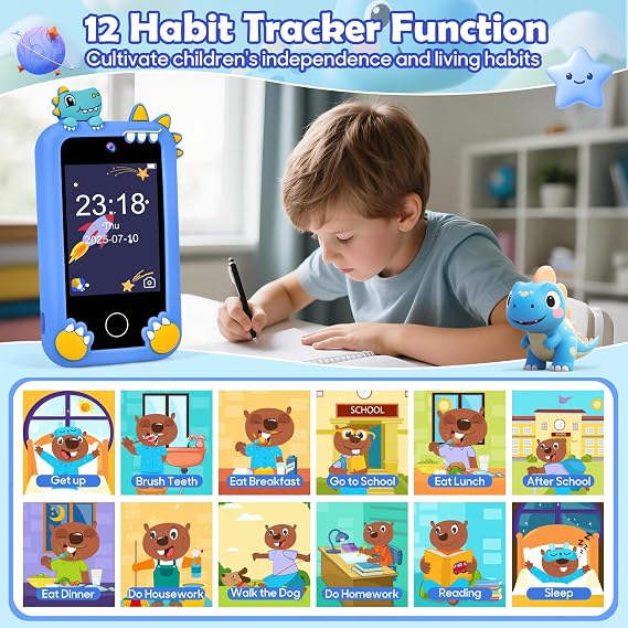 Kids Phone for Boy, Dinosaur Phone Toys for 3-10 Year Old Boys, Kids Mobile Phone Toy with Dual Cameras, 2.8 Inch Touchscreen, Music Player, Games, 32 GB Card and Bag (Blue)
