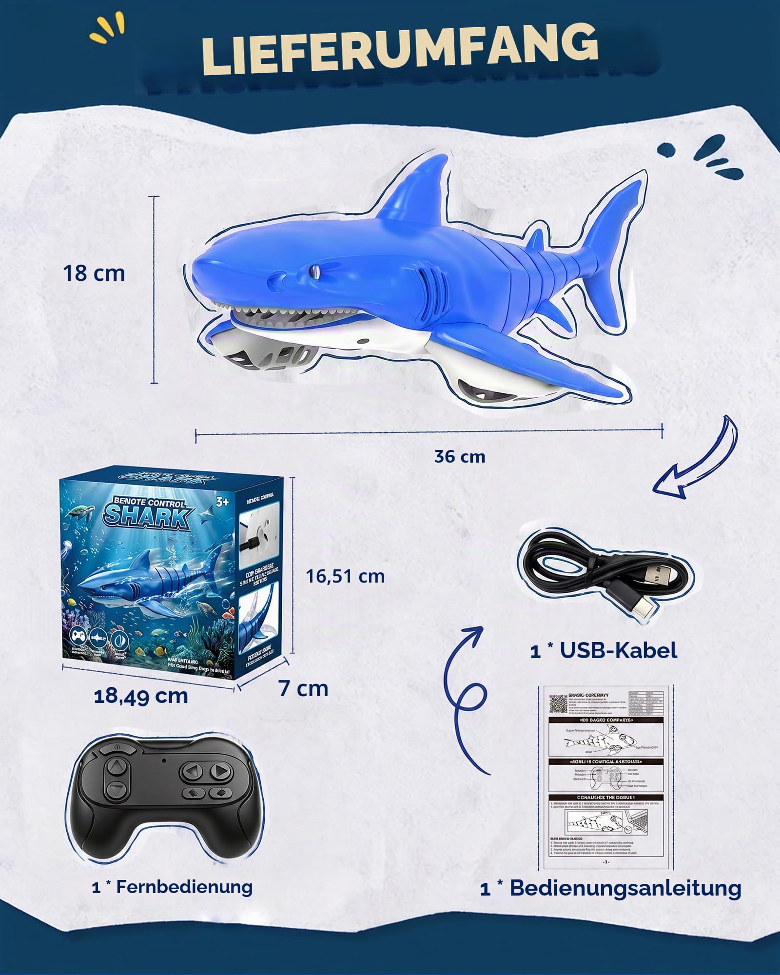 2.4G Ferngesteuertes Hai-Spielzeug mit LED-Augenleuchten, wiederaufladbares RC-Hai-Boot, IPX7 wasserdichtes auslaufsicheres Batteriefach, für Kinder 3-12 Jahre, ideal für Pool, Bad & Partys