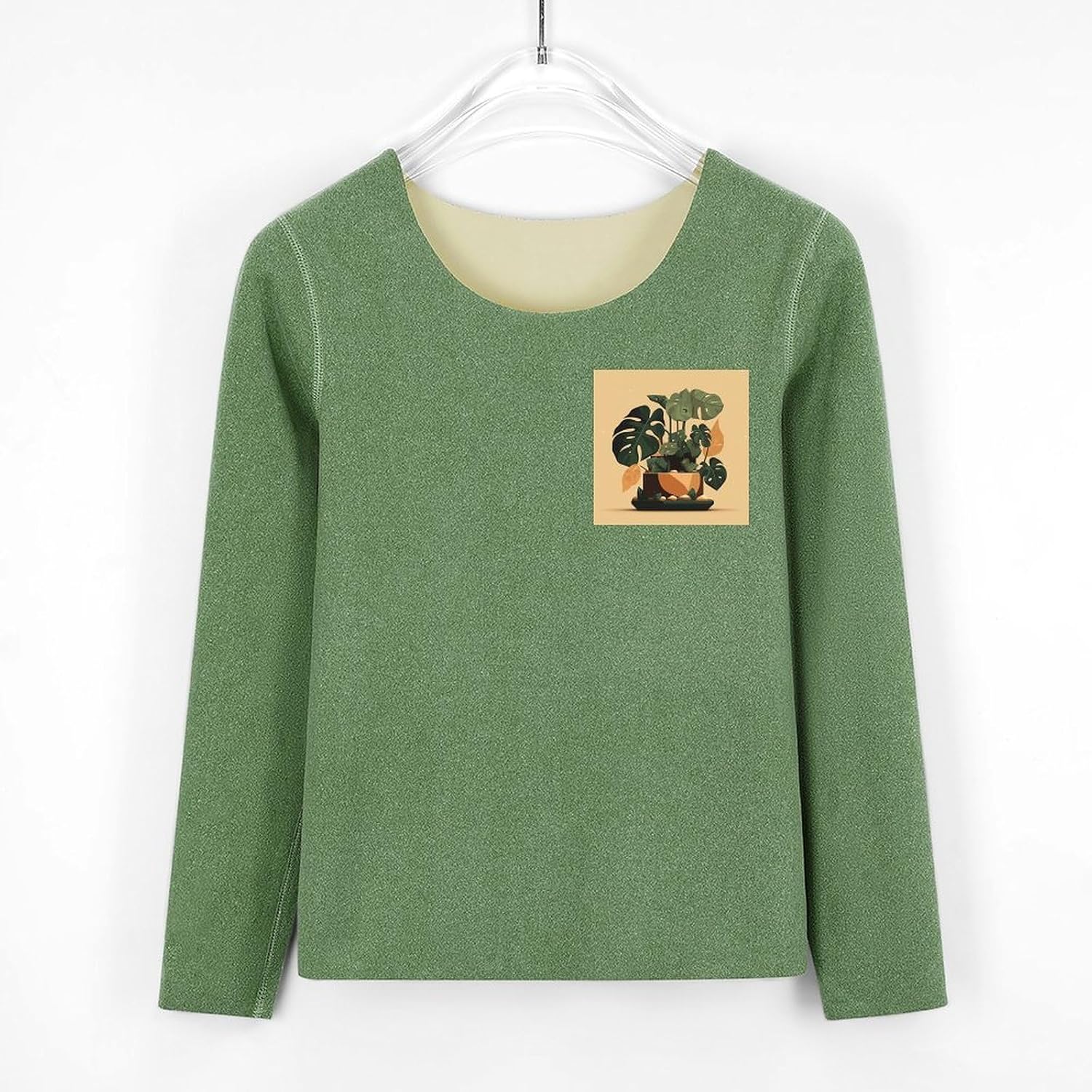 Women's Fleece Lined Thermal Set - Cold Weather Long Johns Ultra-Soft Gray Monstera Plant Printed Base Layer